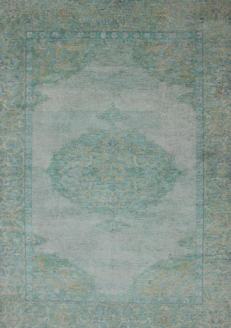Hand-Knotted Modern Oushak Rug with Floral Medallion Design in Various Shades of Green For Sale