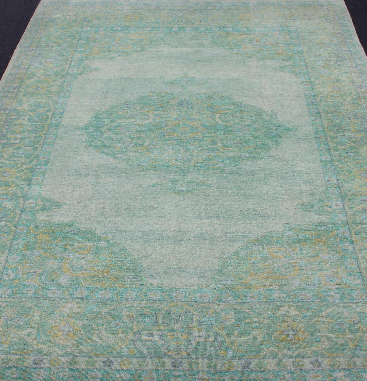 Modern Oushak Rug with Floral Medallion Design in Various Shades of Green In New Condition For Sale In Atlanta, GA