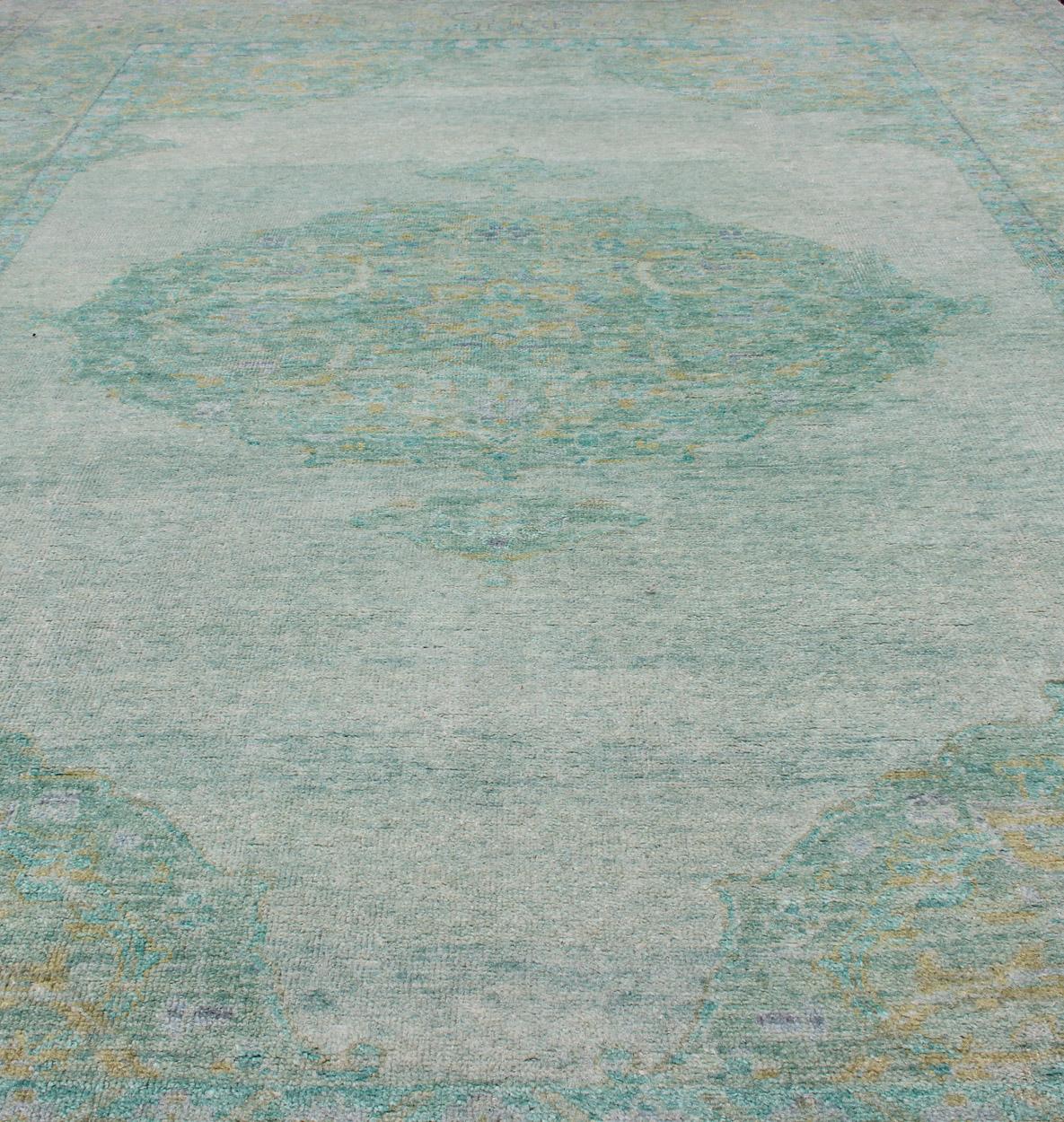 Contemporary Modern Oushak Rug with Floral Medallion Design in Various Shades of Green For Sale