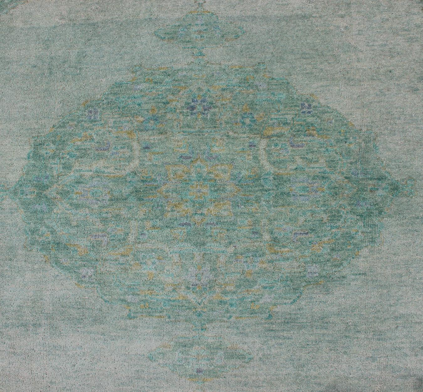Wool Modern Oushak Rug with Floral Medallion Design in Various Shades of Green For Sale