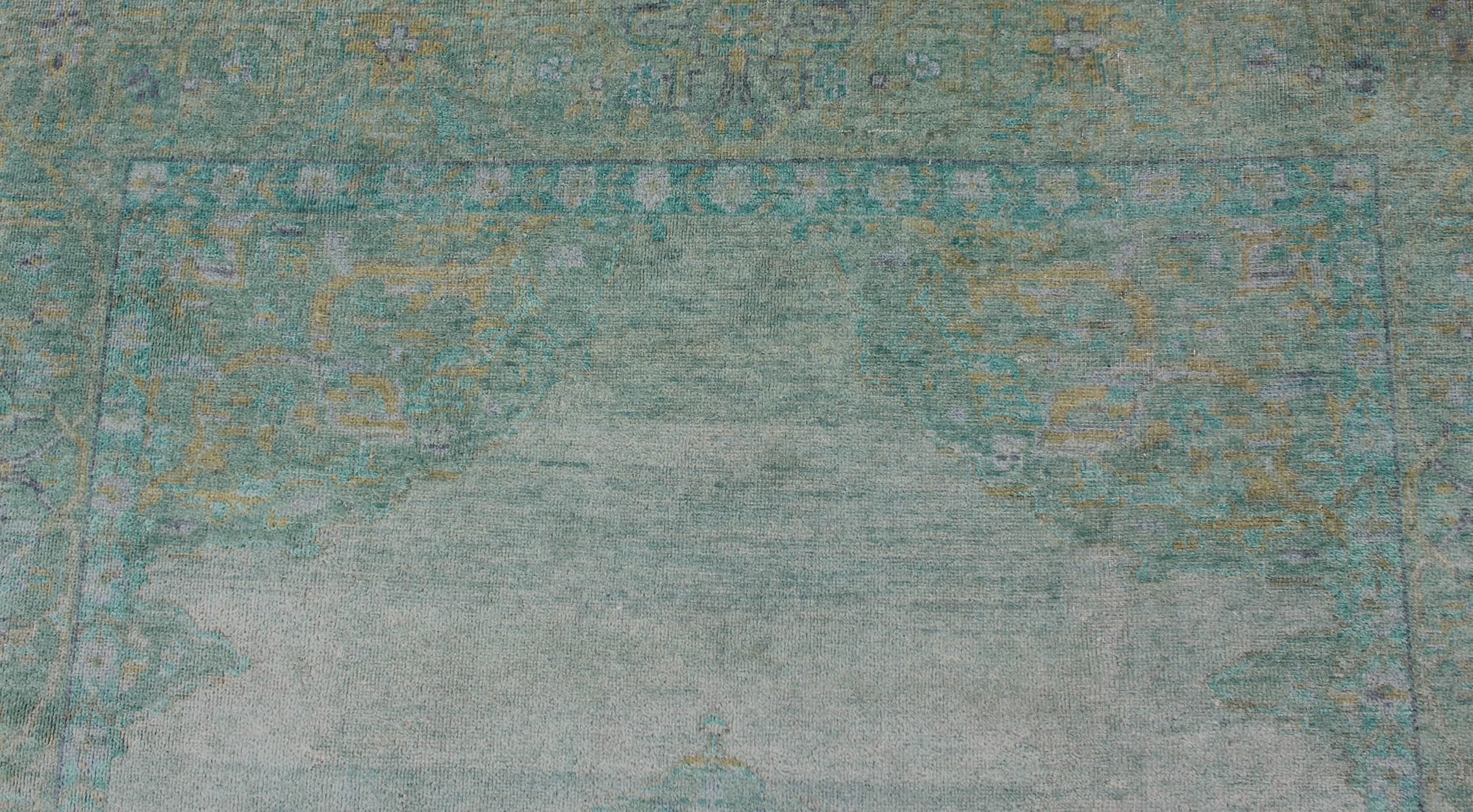 Modern Oushak Rug with Floral Medallion Design in Various Shades of Green For Sale 1