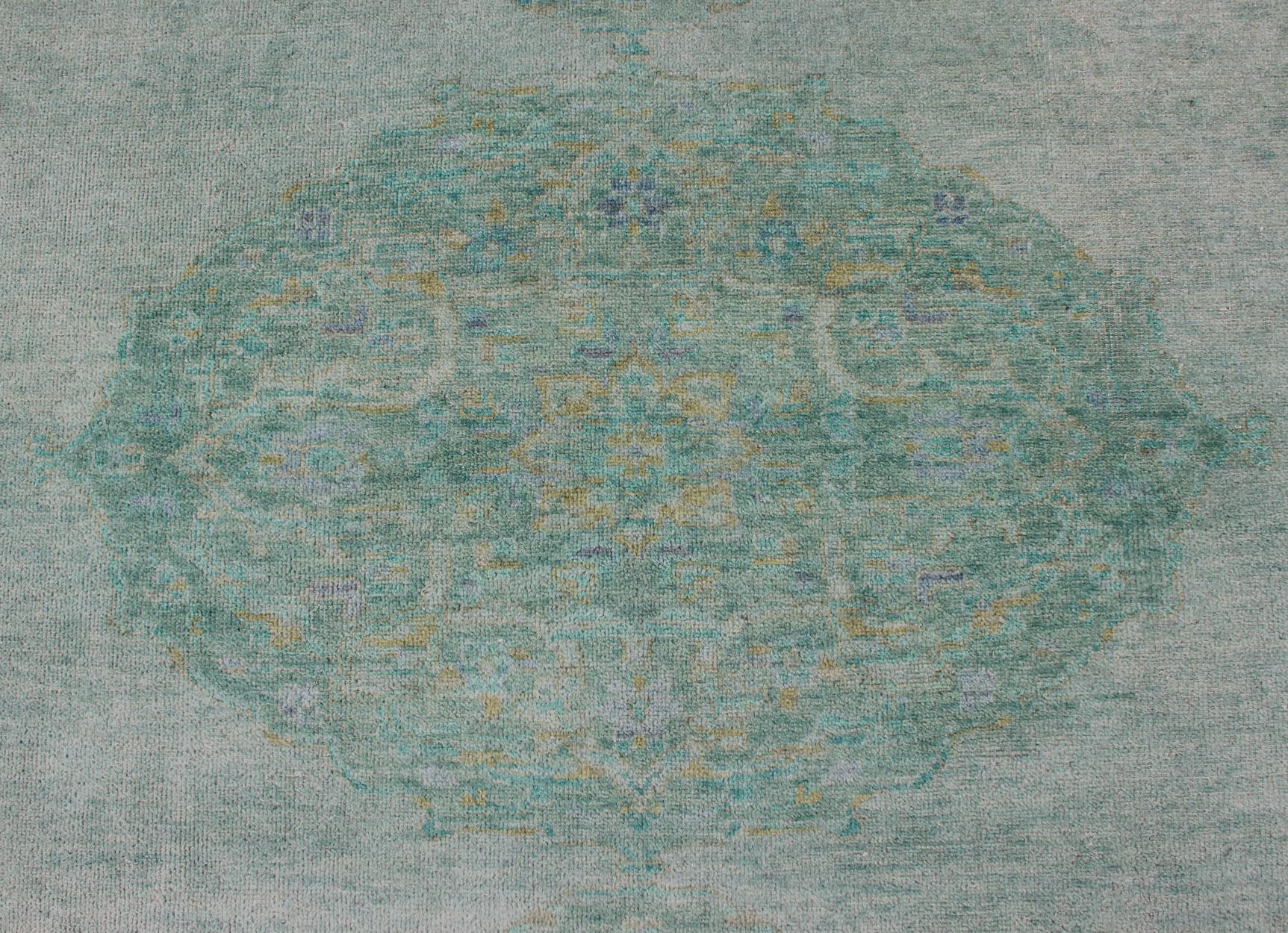 Modern Oushak Rug with Floral Medallion Design in Various Shades of Green For Sale 2