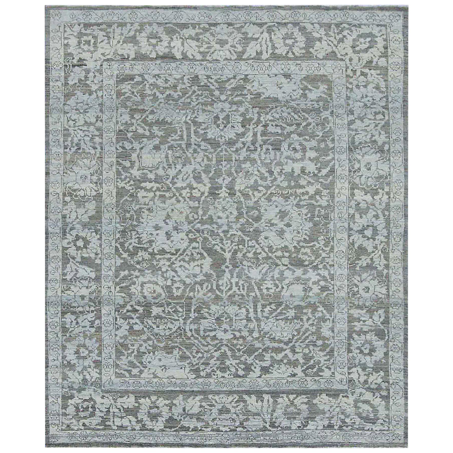 Modern Oushak Rug with Floral Motifs in Blue and White on Gray Field 
