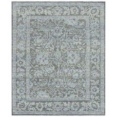Modern Oushak Rug with Floral Motifs in Blue and White on Gray Field 