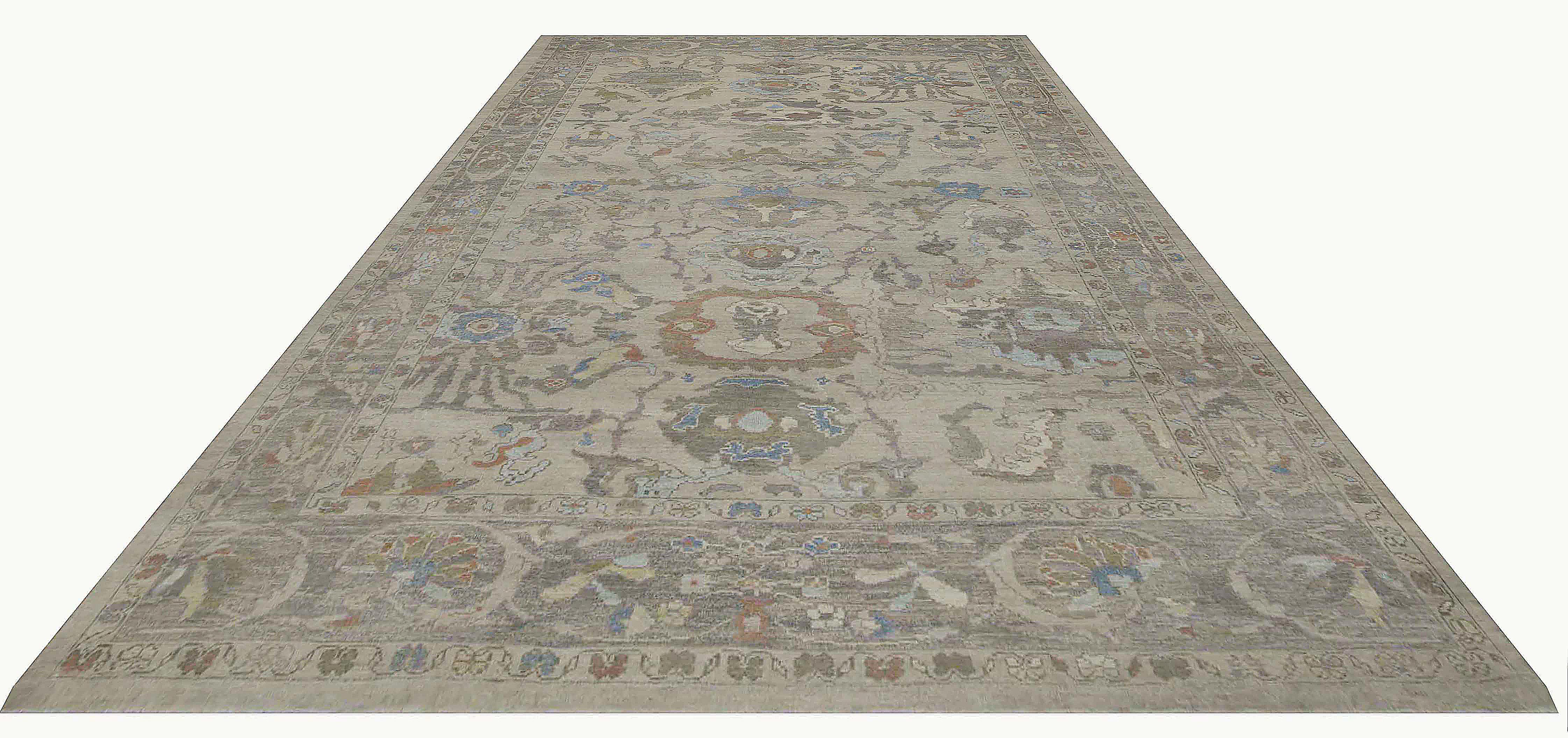 Modern Oushak Rug with Floral Motifs in Brown, Gray and Blue on Beige Field In New Condition For Sale In Dallas, TX