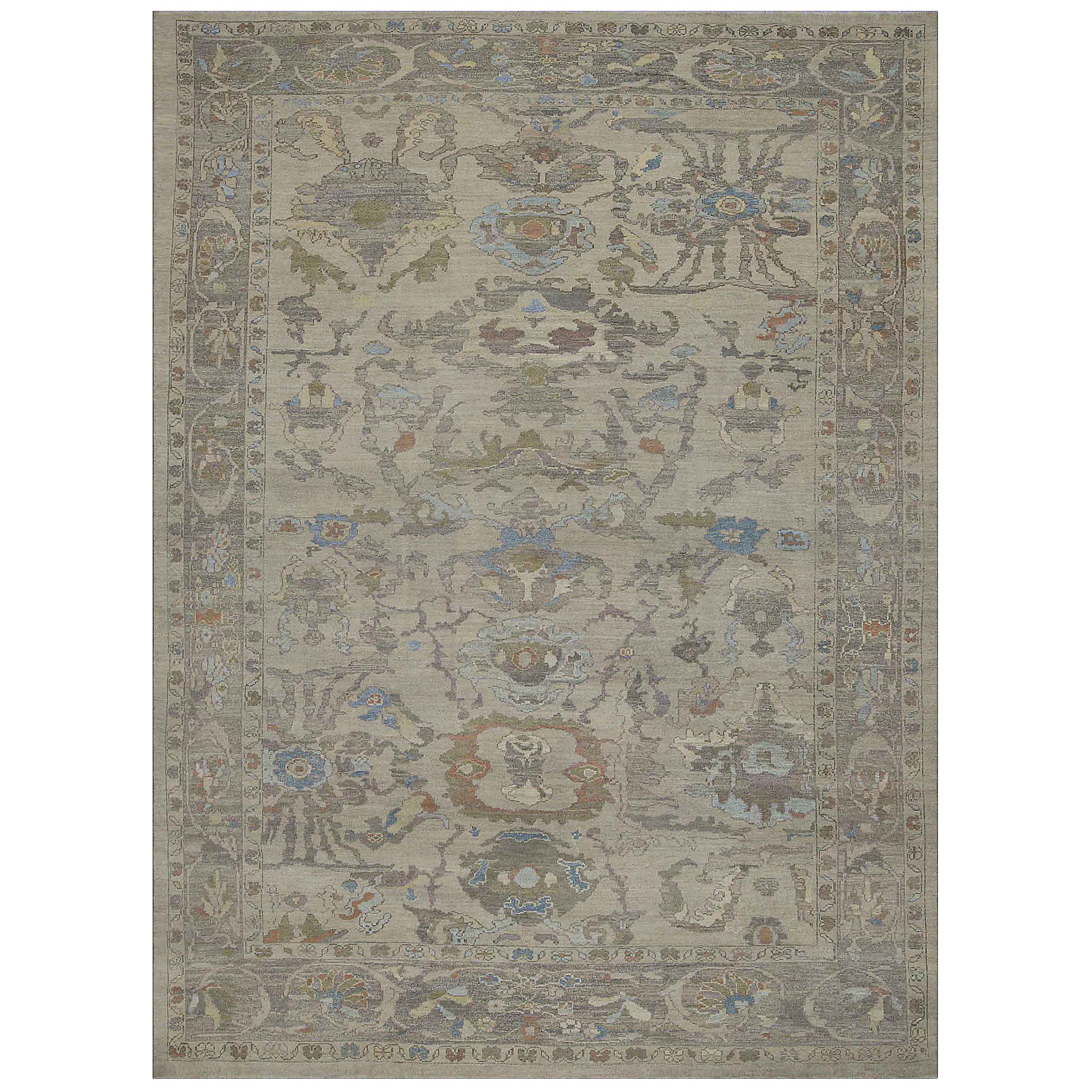 Modern Oushak Rug with Floral Motifs in Brown, Gray and Blue on Beige Field