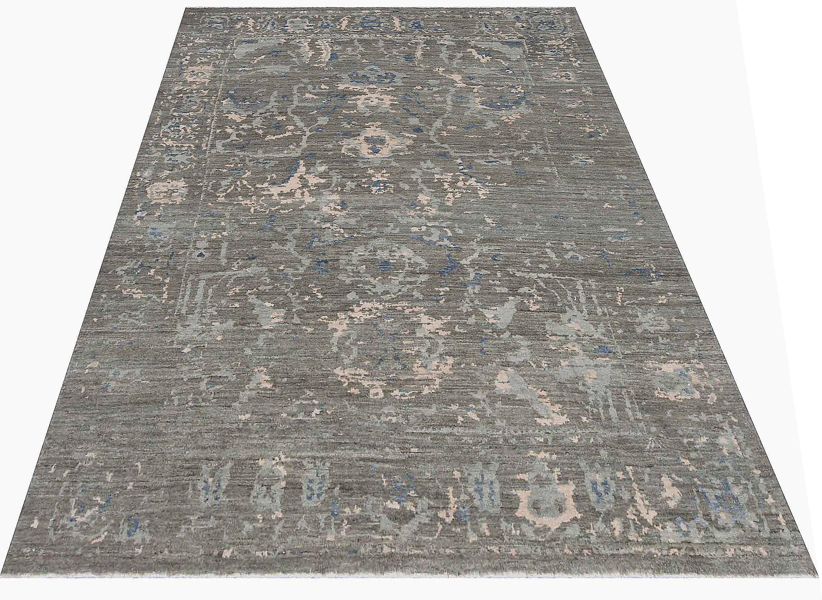 Modern Oushak Rug with Floral Motifs in Navy and Pink on Gray Field In New Condition For Sale In Dallas, TX