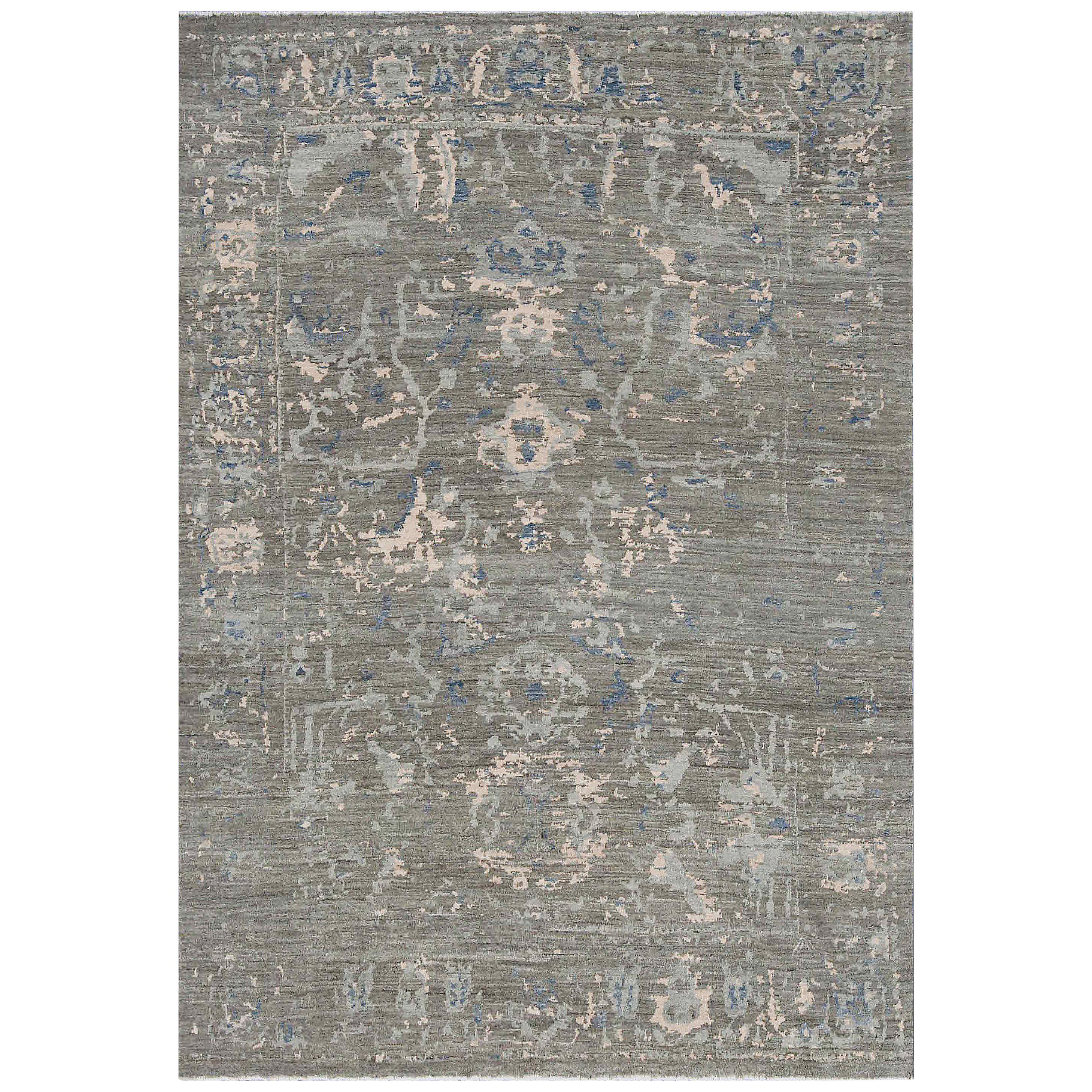 Modern Oushak Rug with Floral Motifs in Navy and Pink on Gray Field