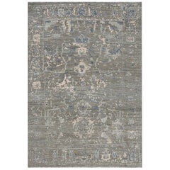 Modern Oushak Rug with Floral Motifs in Navy and Pink on Gray Field