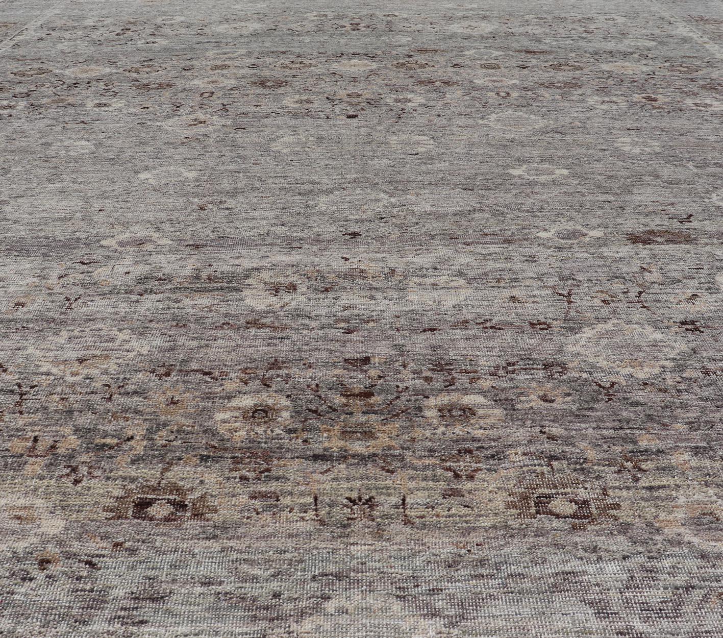 Modern Oushak Rug with Floral Pattern in Gray, Brown Tones and Neutral Colors For Sale 5