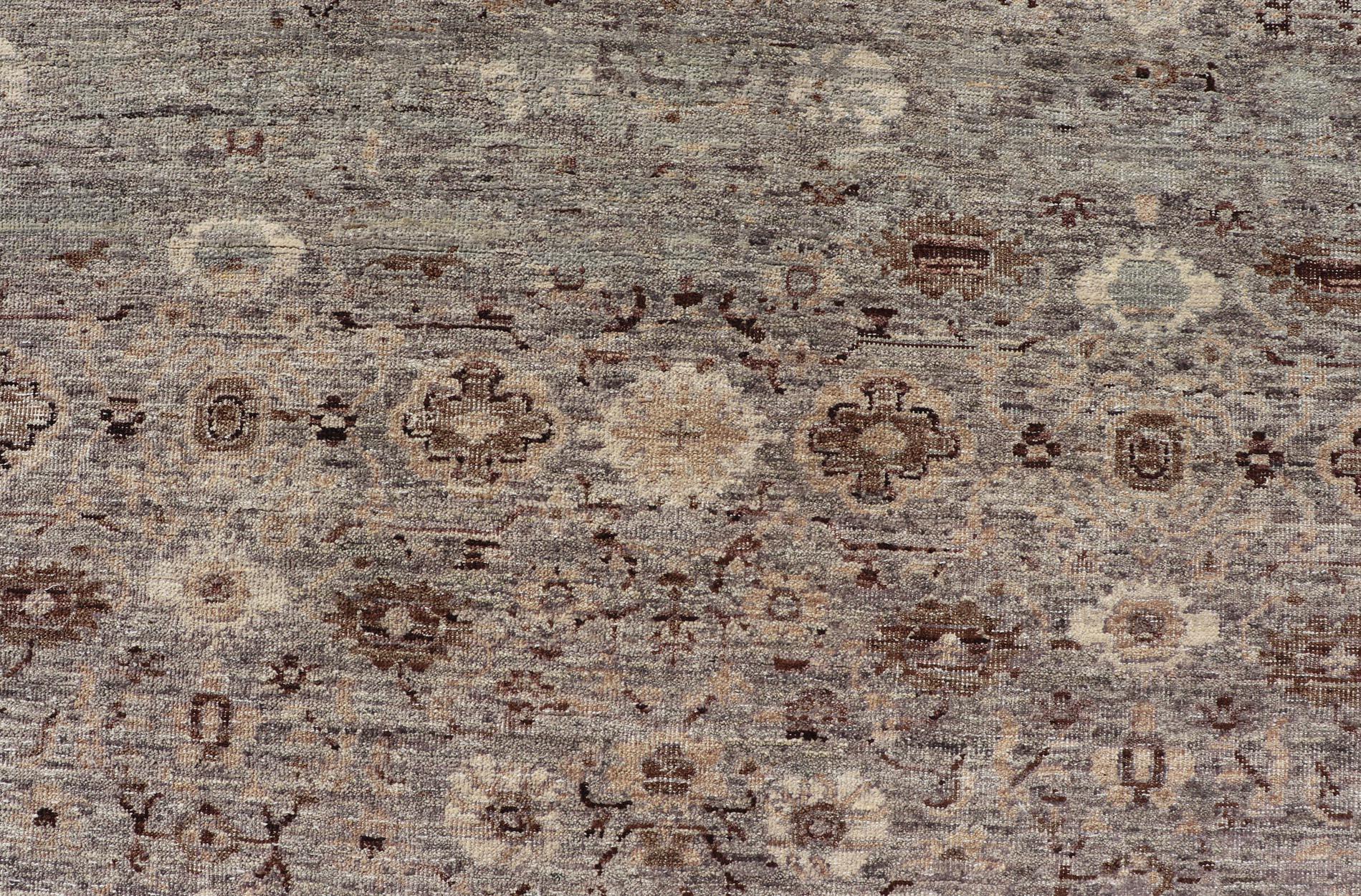 Modern Oushak Rug with Floral Pattern in Gray, Brown Tones and Neutral Colors. Keivan Woven Arts, rug PUR-14218, country of origin / type: India / Oushak. 
Measures: 8'0 x 10'0 
The all-over fine eave flourishing garden pattern of this unique modern