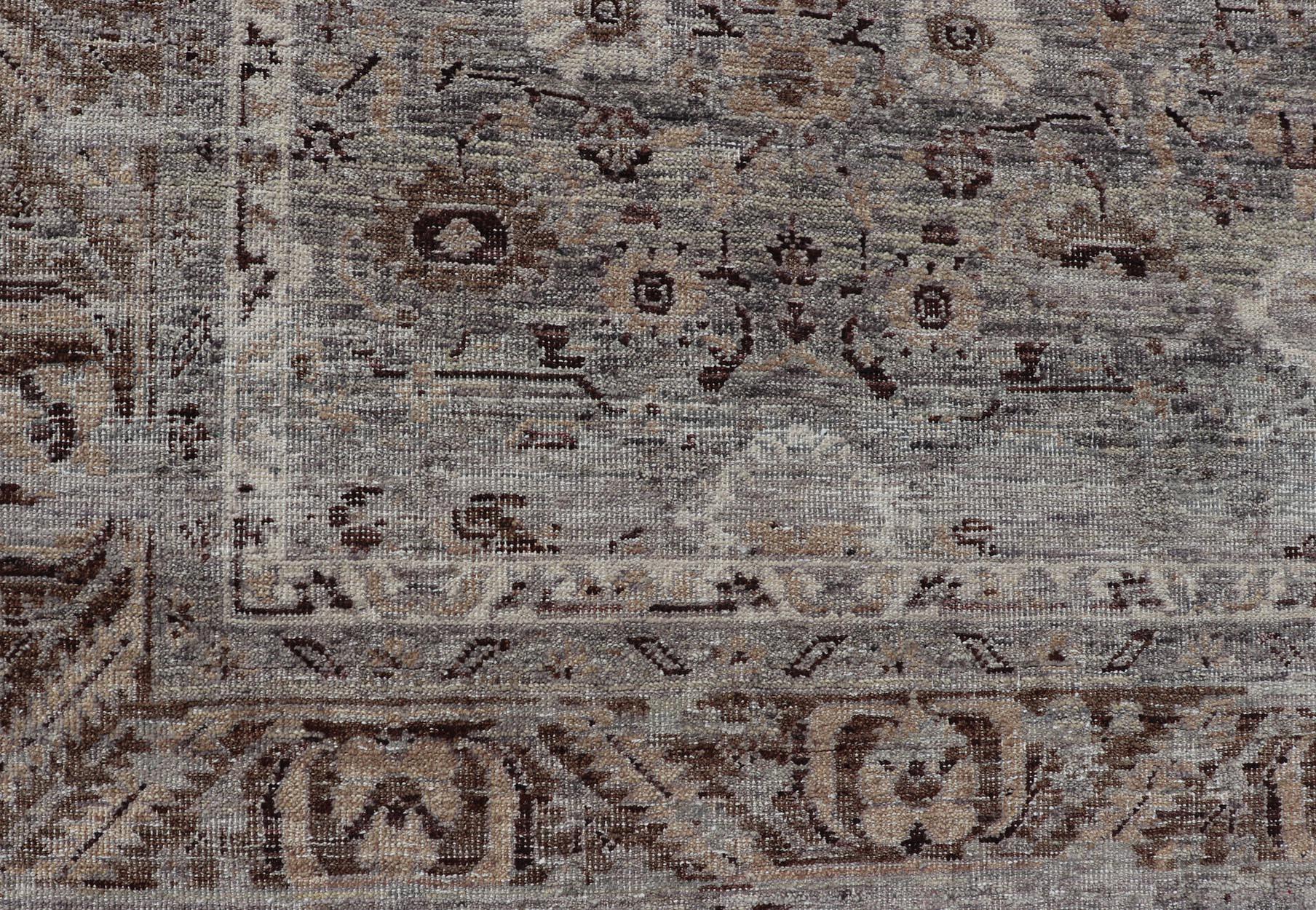 Indian Modern Oushak Rug with Floral Pattern in Gray, Brown Tones and Neutral Colors For Sale