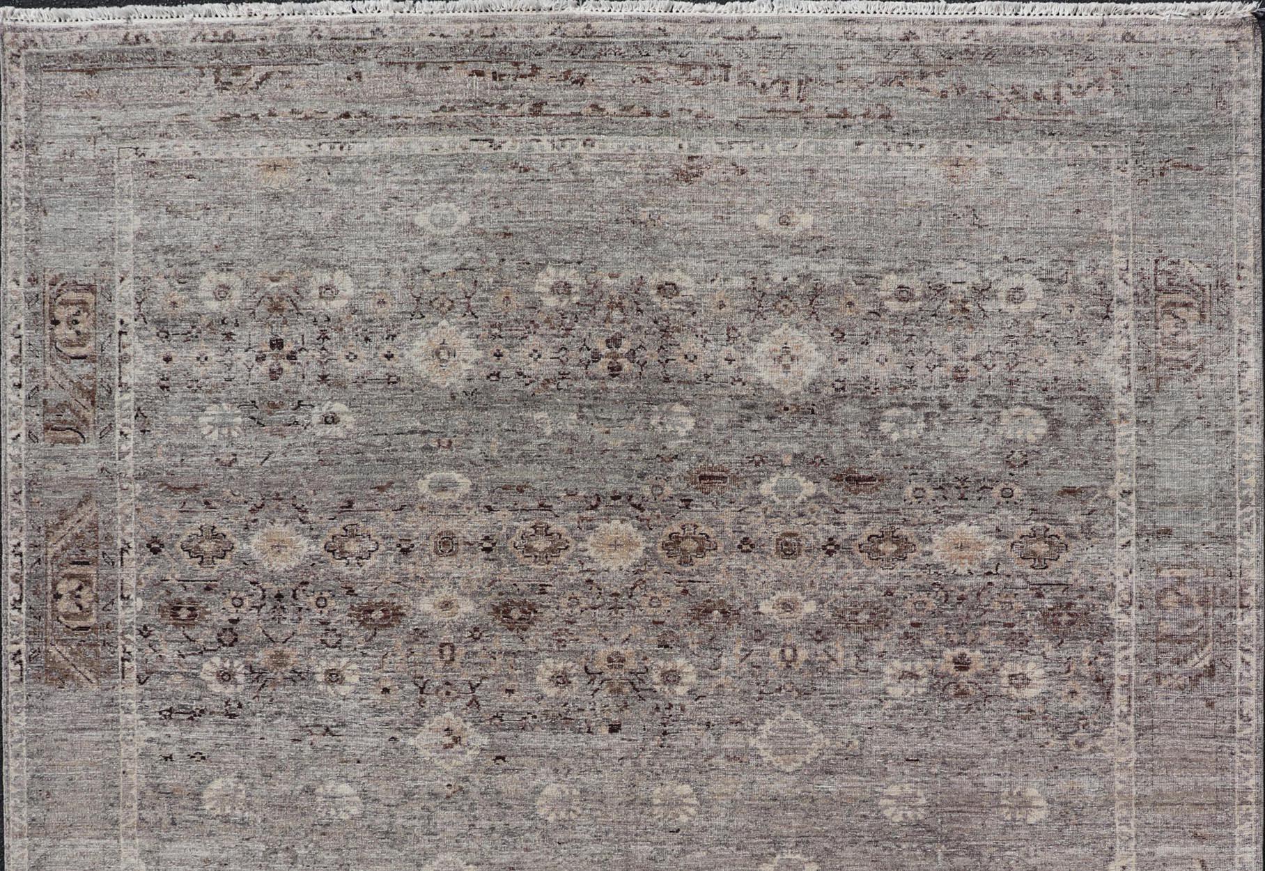 Wool Modern Oushak Rug with Floral Pattern in Gray, Brown Tones and Neutral Colors For Sale