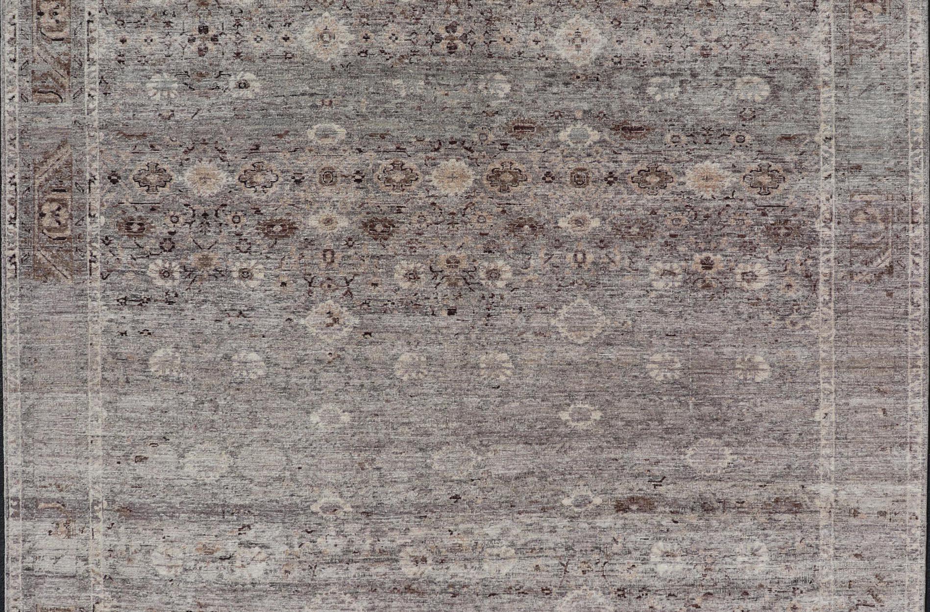 Modern Oushak Rug with Floral Pattern in Gray, Brown Tones and Neutral Colors For Sale 1