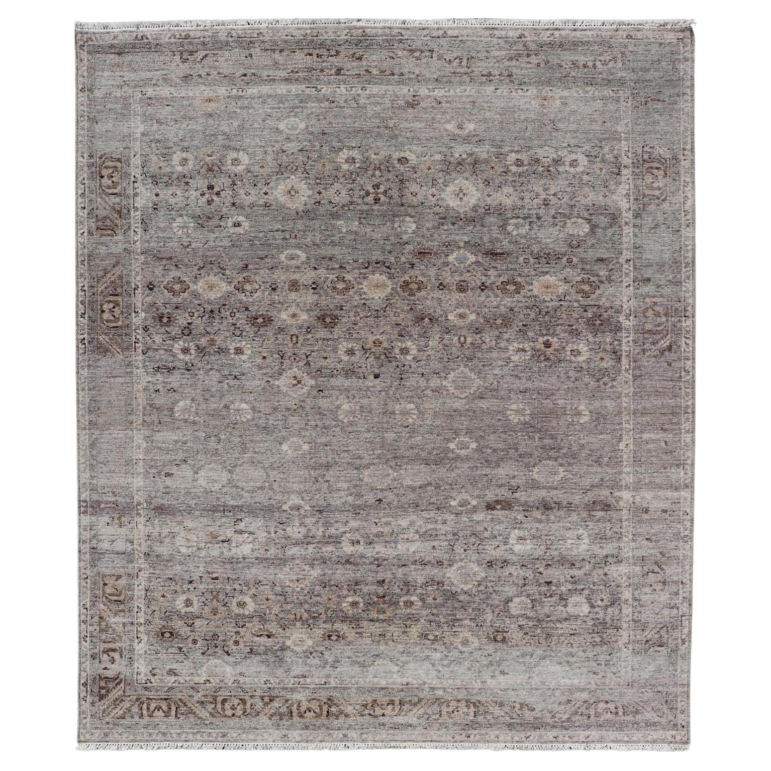 Modern Oushak Rug with Floral Pattern in Gray, Brown Tones and Neutral Colors For Sale