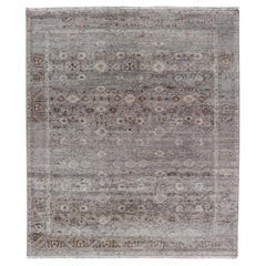 Modern Oushak Rug with Floral Pattern in Gray, Brown Tones and Neutral Colors
