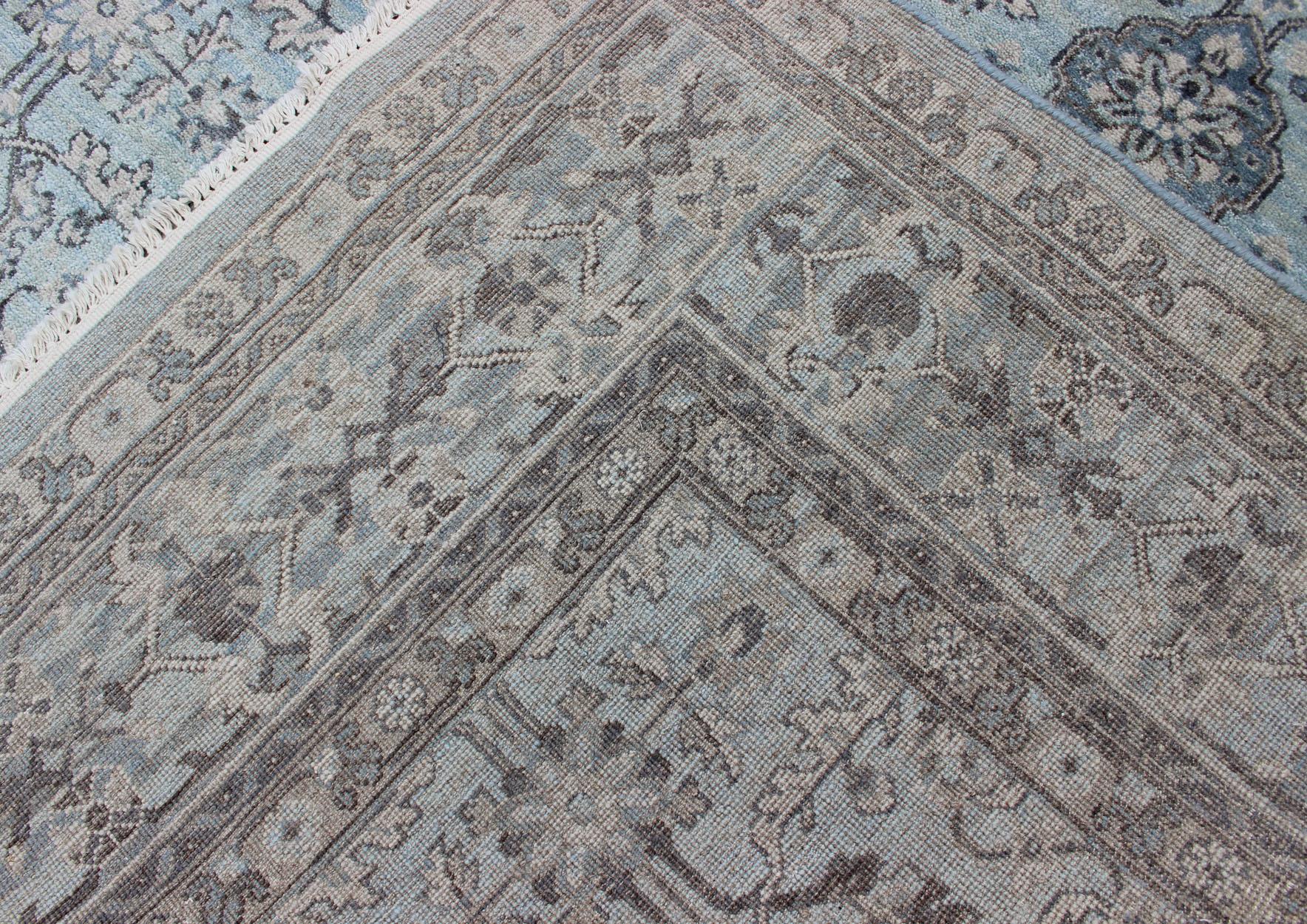 Modern Oushak Rug with Geometric Design in Light Blues and Browns For Sale 3