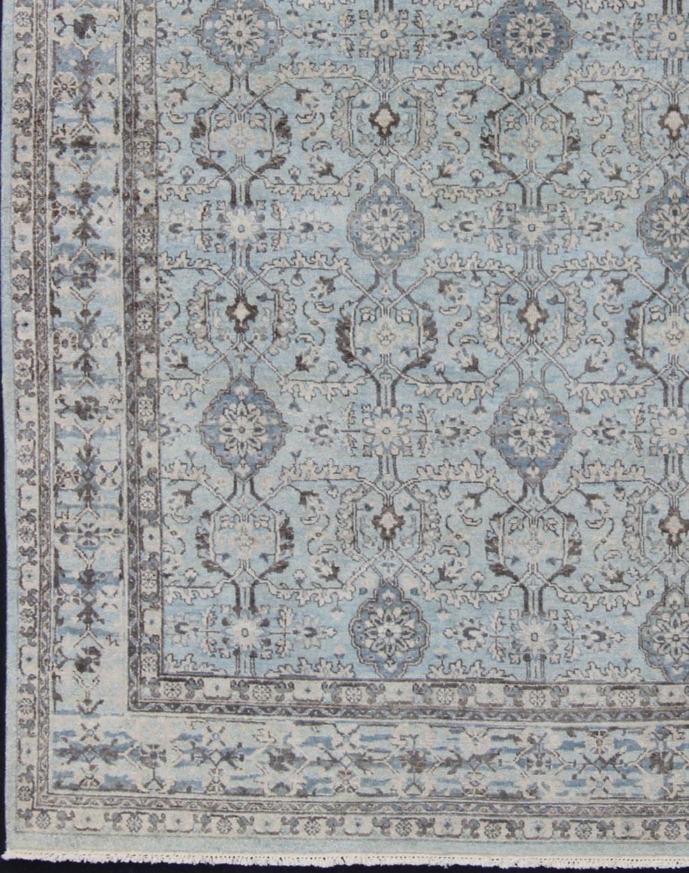 Indian Modern Oushak Rug with Geometric Design in Light Blues and Browns For Sale