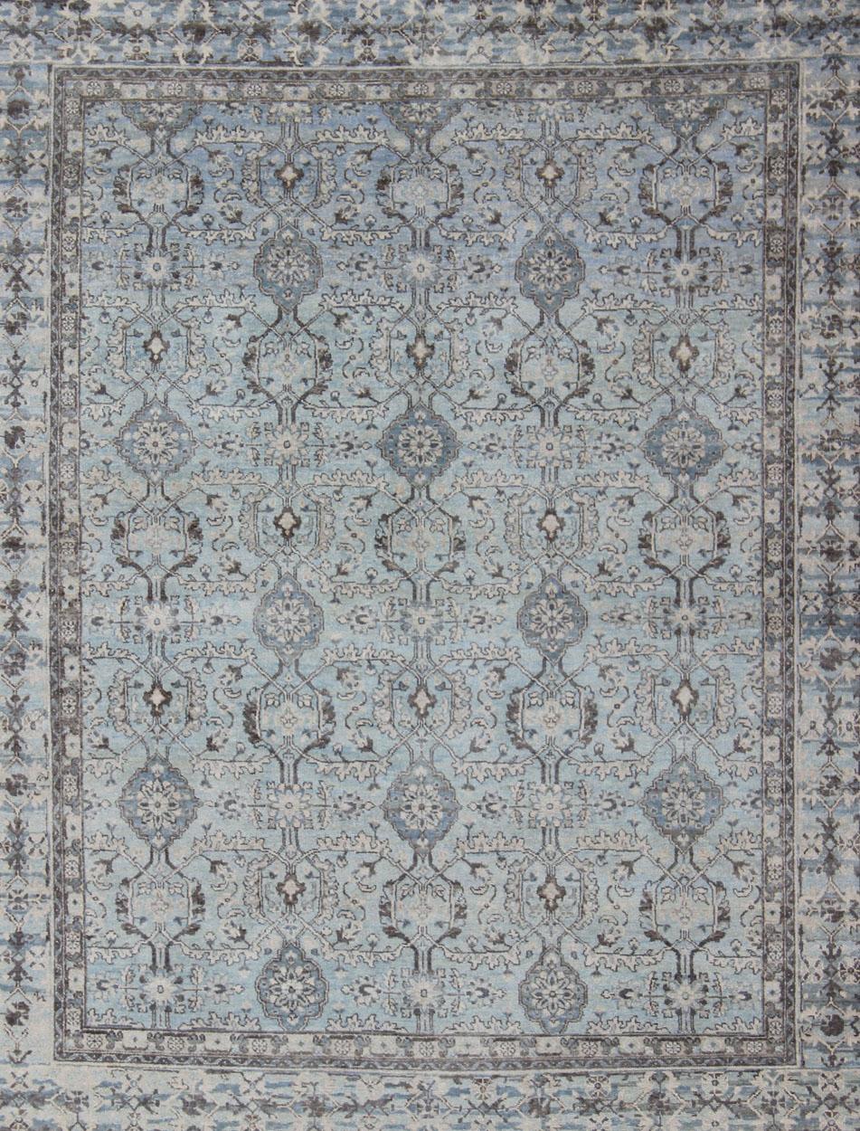 Hand-Knotted Modern Oushak Rug with Geometric Design in Light Blues and Browns For Sale
