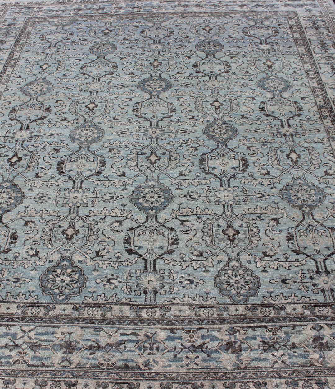 Contemporary Modern Oushak Rug with Geometric Design in Light Blues and Browns For Sale