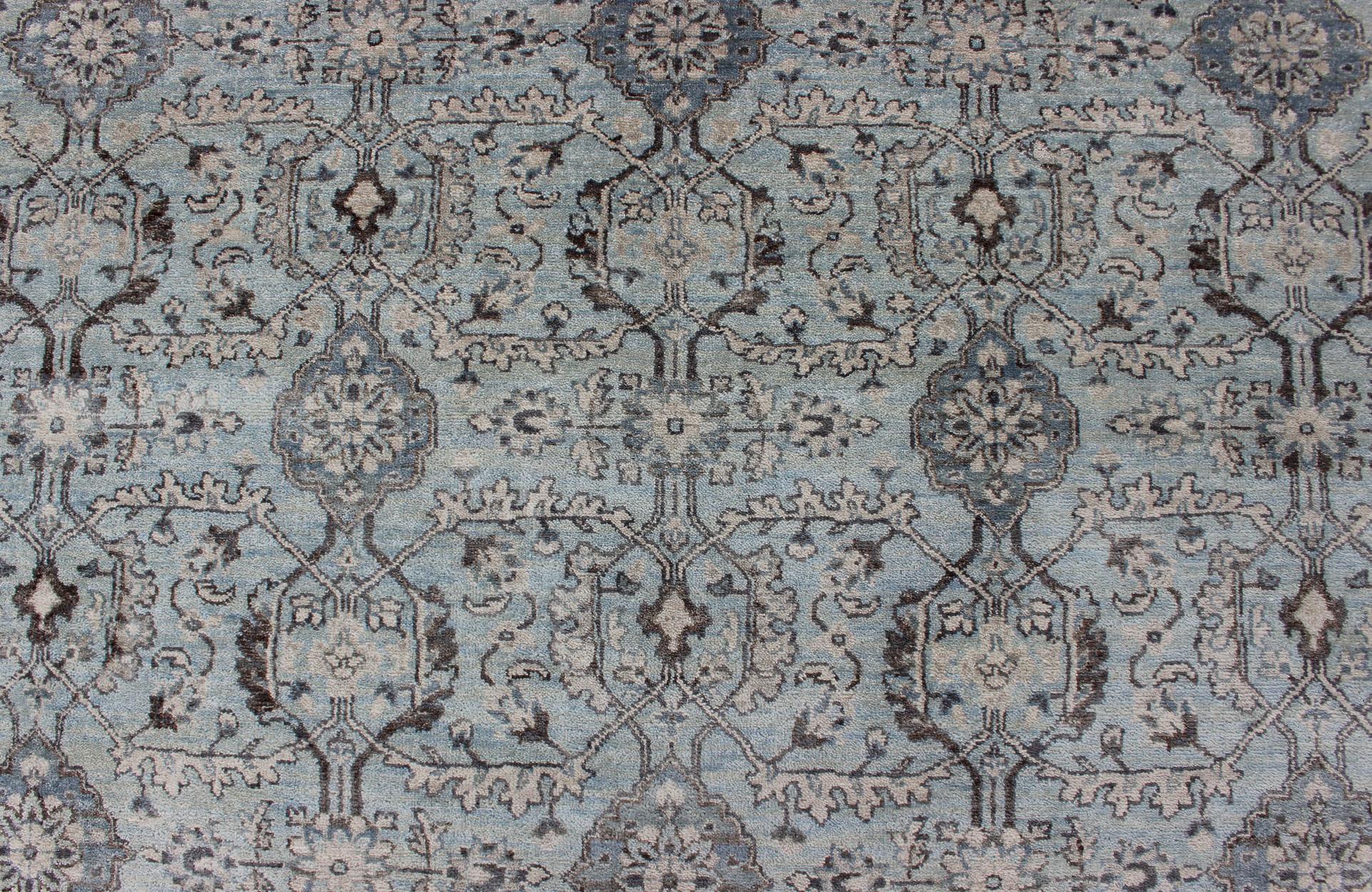 Wool Modern Oushak Rug with Geometric Design in Light Blues and Browns For Sale