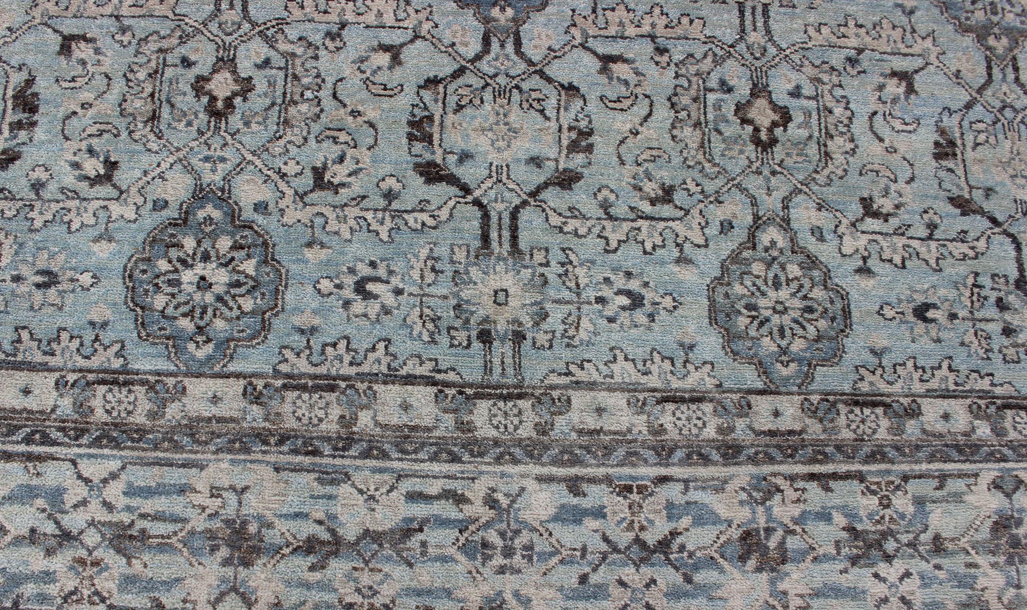 Modern Oushak Rug with Geometric Design in Light Blues and Browns For Sale 1