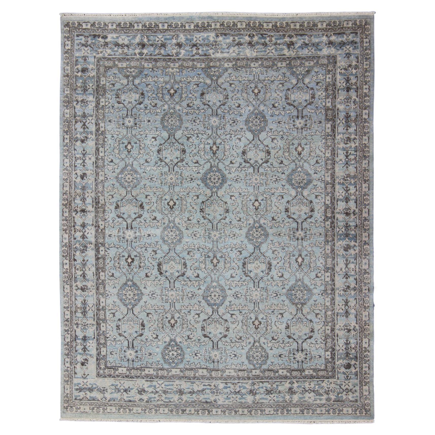 Modern Oushak Rug with Geometric Design in Light Blues and Browns For Sale