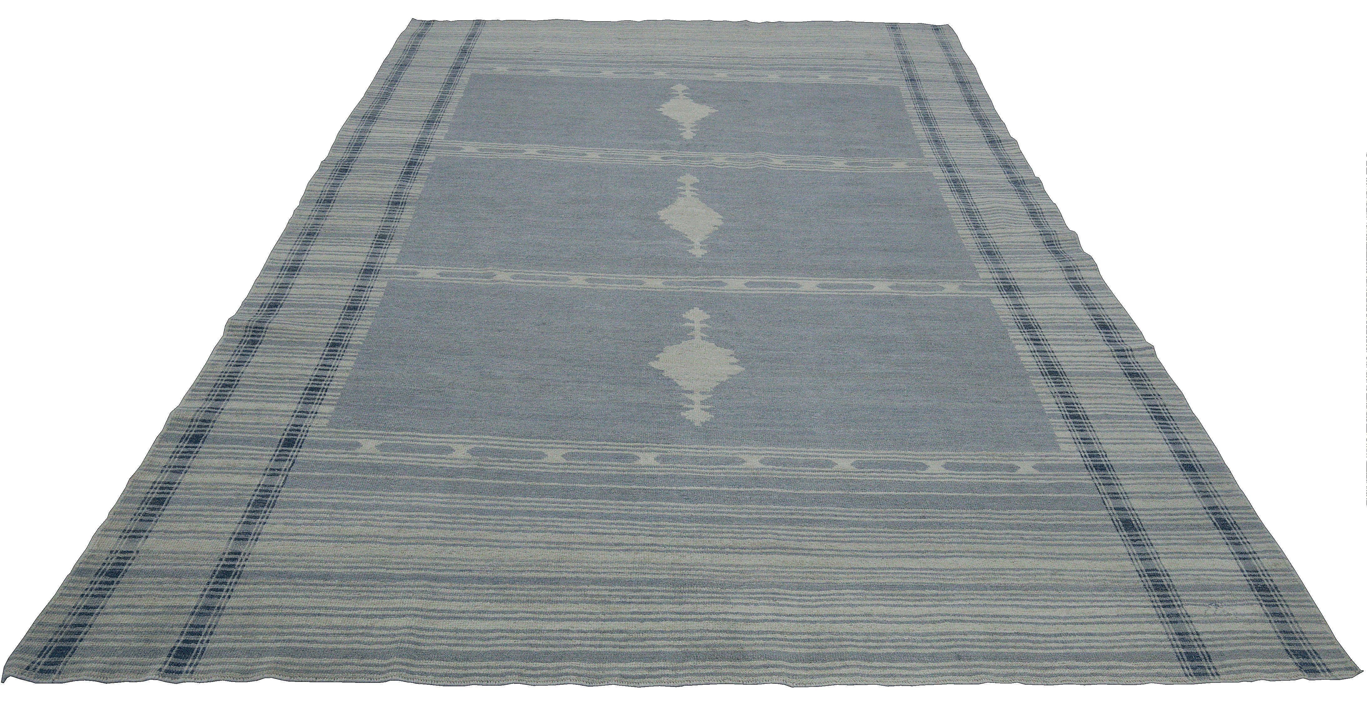 Contemporary Modern Oushak Rug with Ivory-Striped Gray Field and Navy Borders For Sale
