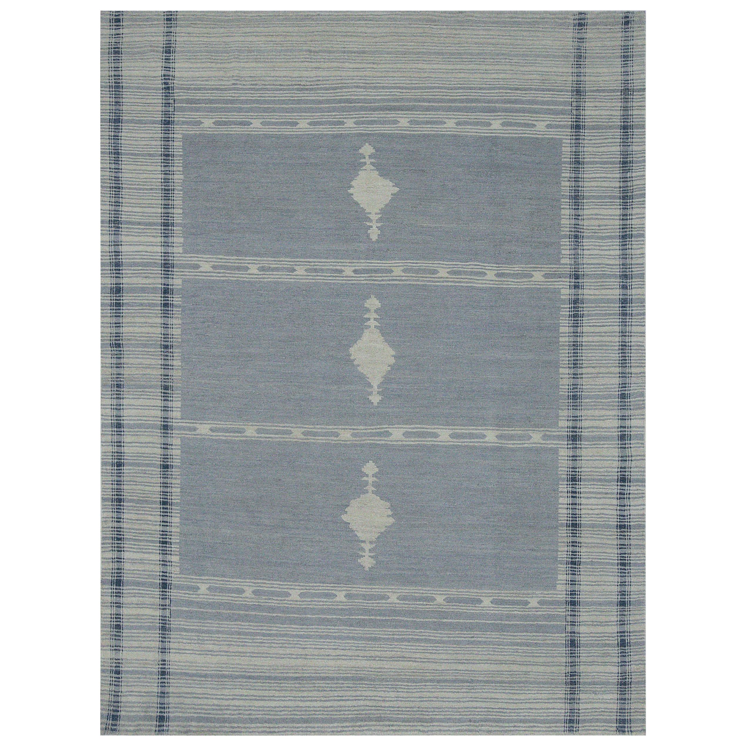 Modern Oushak Rug with Ivory-Striped Gray Field and Navy Borders For Sale