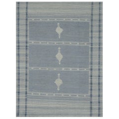 Modern Oushak Rug with Ivory-Striped Gray Field and Navy Borders