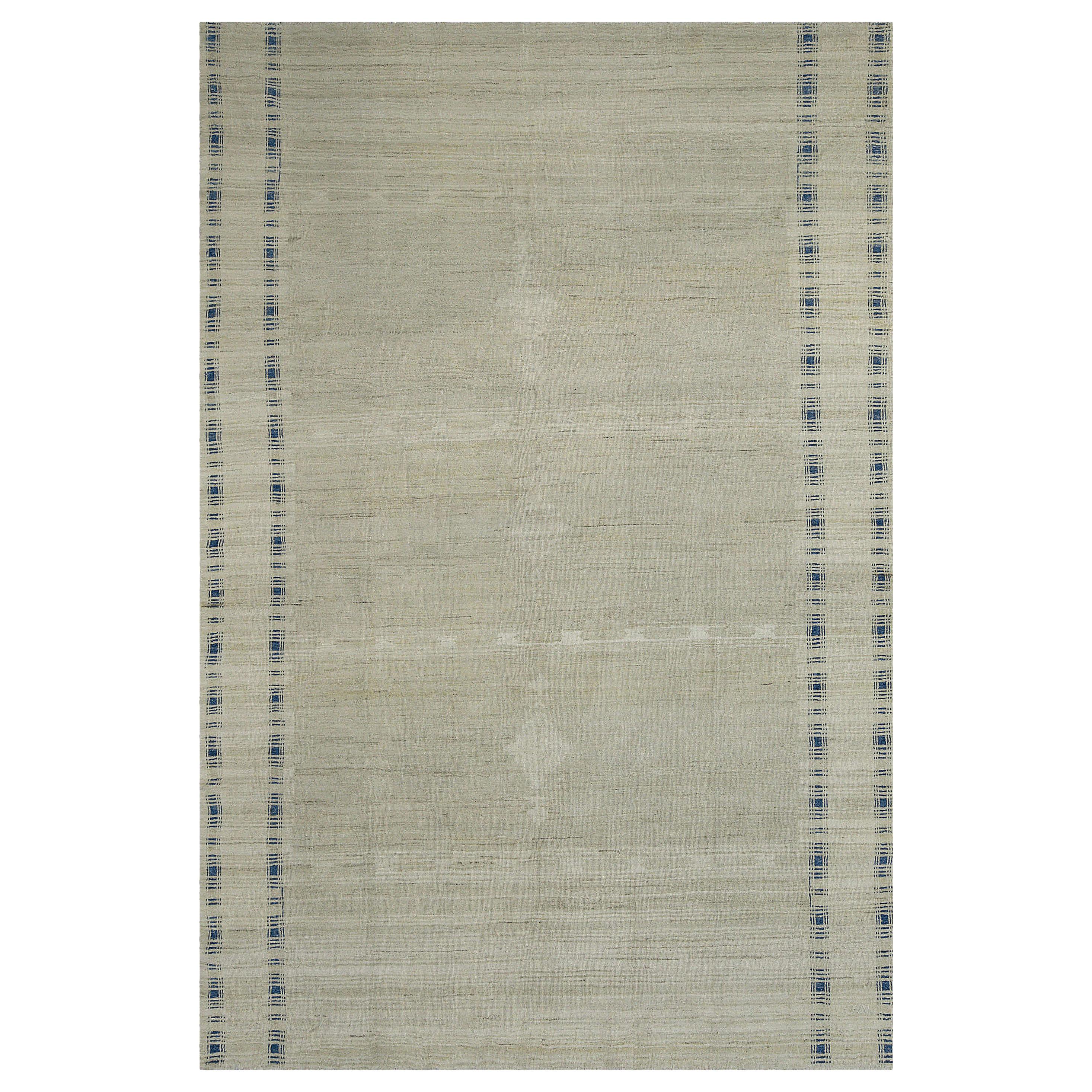 Modern Oushak Rug with Medallion Patterns in White and Navy Border on Beige Fiel For Sale