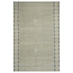 Modern Oushak Rug with Medallion Patterns in White and Navy Border on Beige Fiel