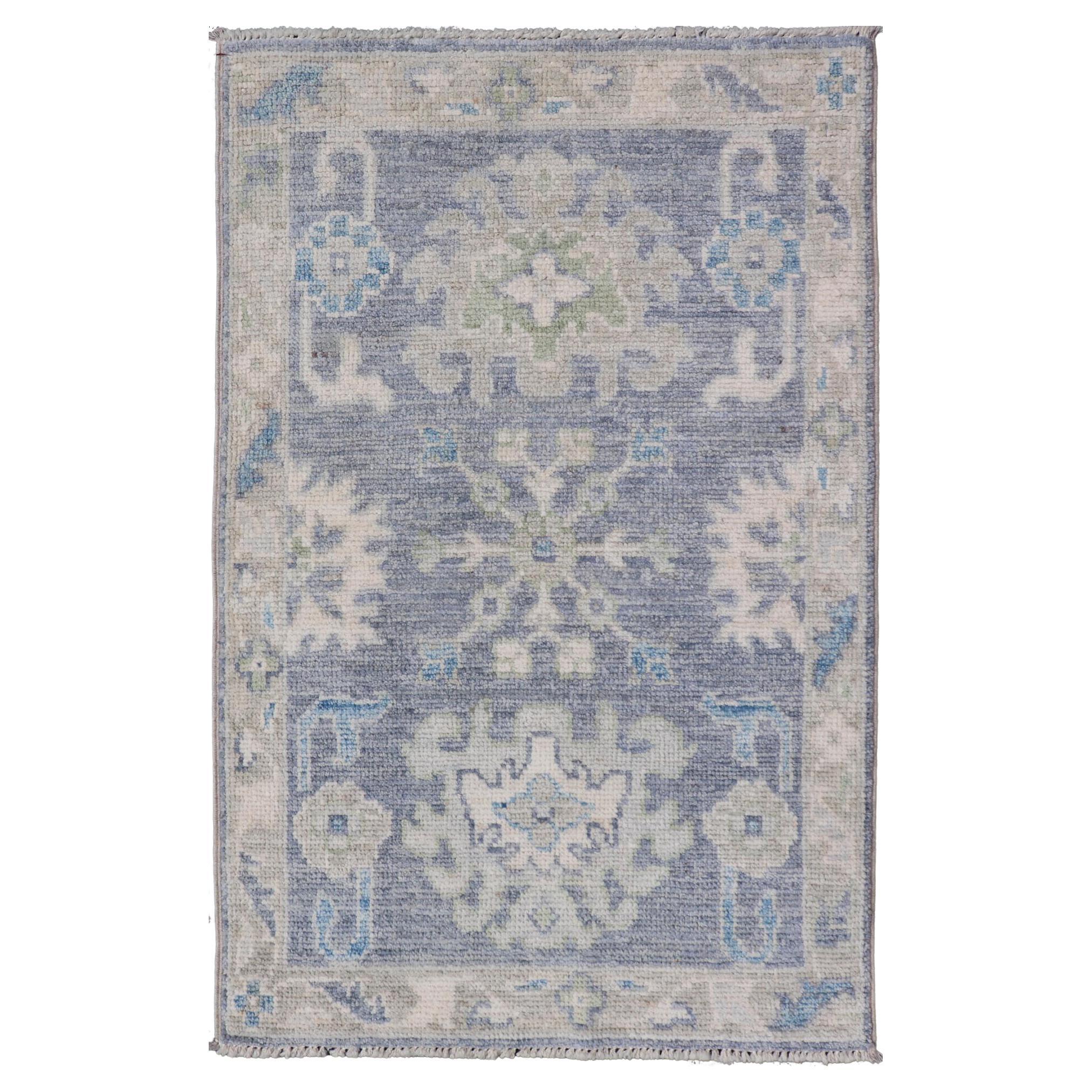Modern Oushak Rug with Serene Blue Tones and Soft Ivory and Sage 1'10 x 3'0