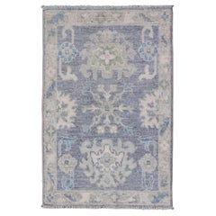 Modern Oushak Rug with Serene Blue Tones and Soft Ivory and Sage 1'10 x 3'0