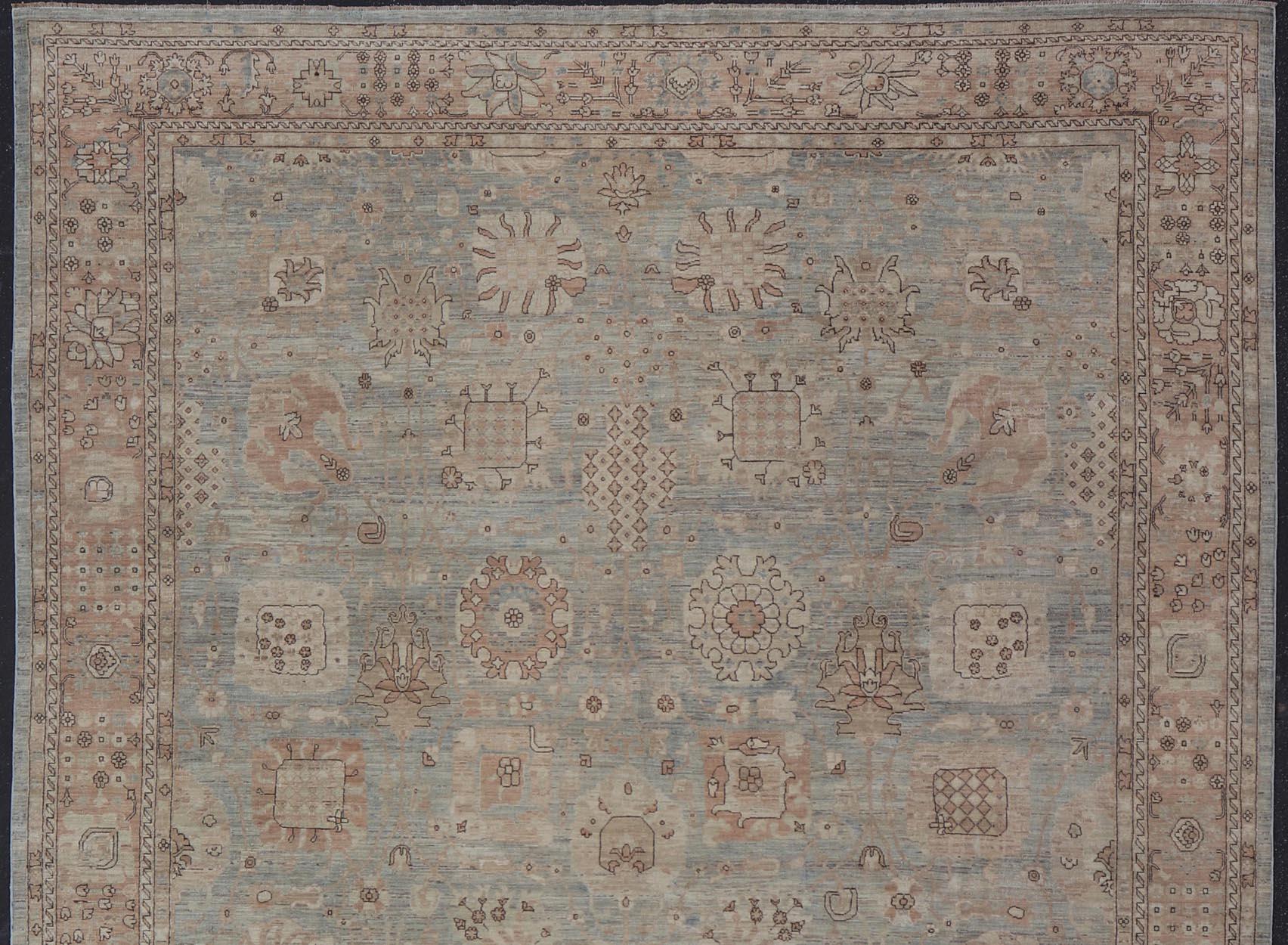 Moderner Oushak-Teppich mit weichem blau-grünen Feld und warmem Taupe 11'11 x 15'1 im Angebot 4