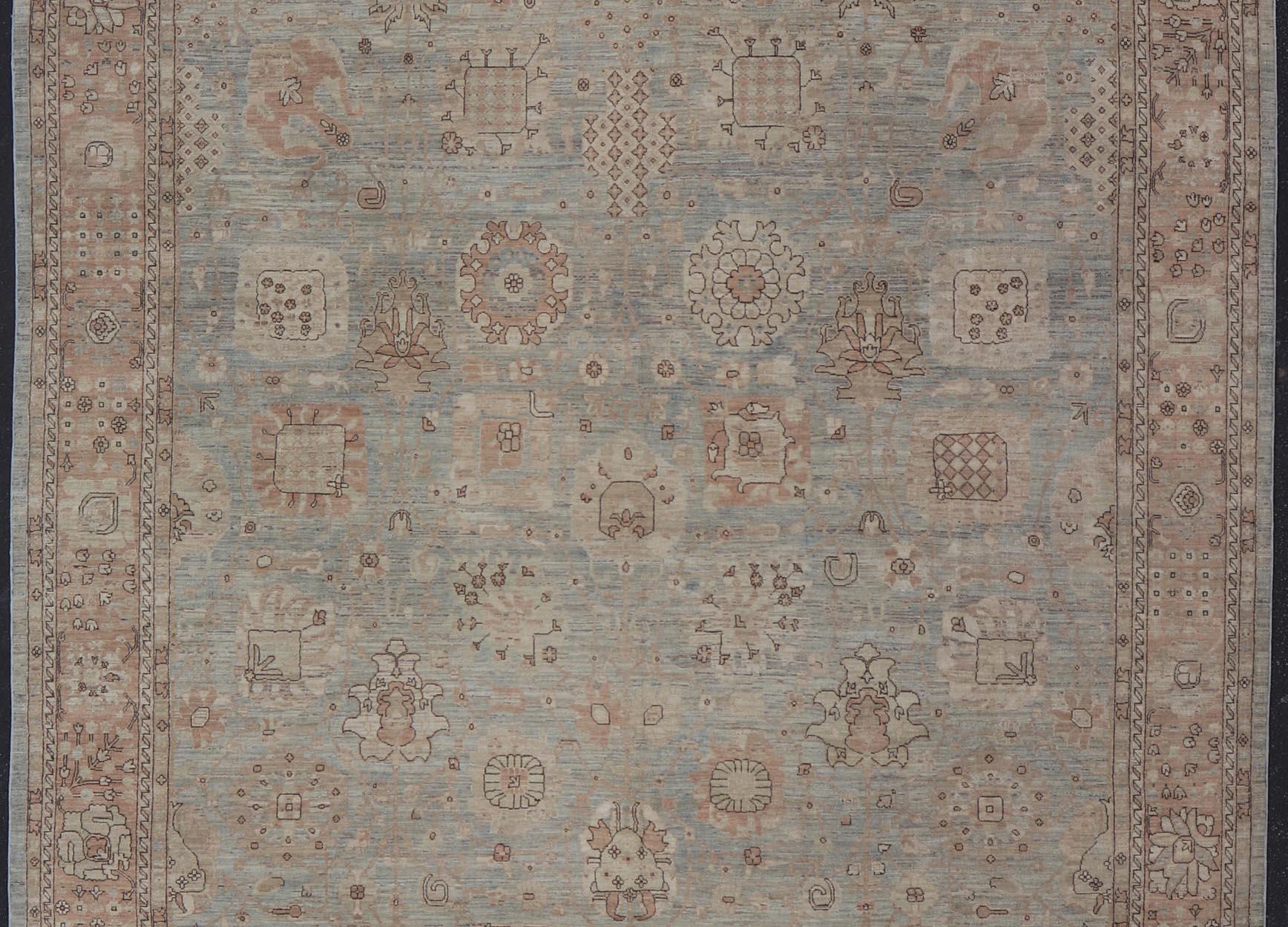 Moderner Oushak-Teppich mit weichem blau-grünen Feld und warmem Taupe 11'11 x 15'1 im Angebot 5