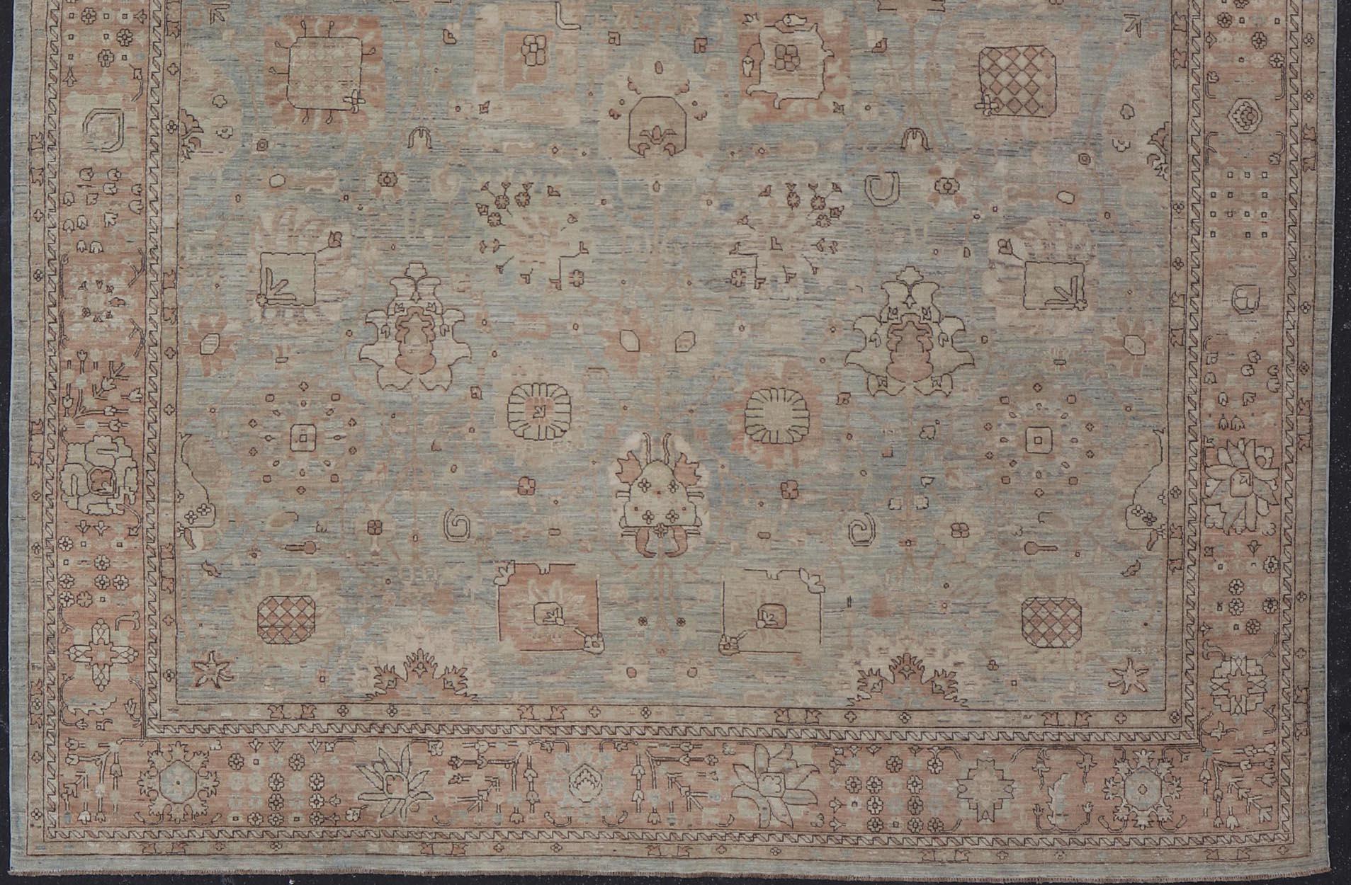 Moderner Oushak-Teppich mit weichem blau-grünen Feld und warmem Taupe 11'11 x 15'1 im Angebot 6