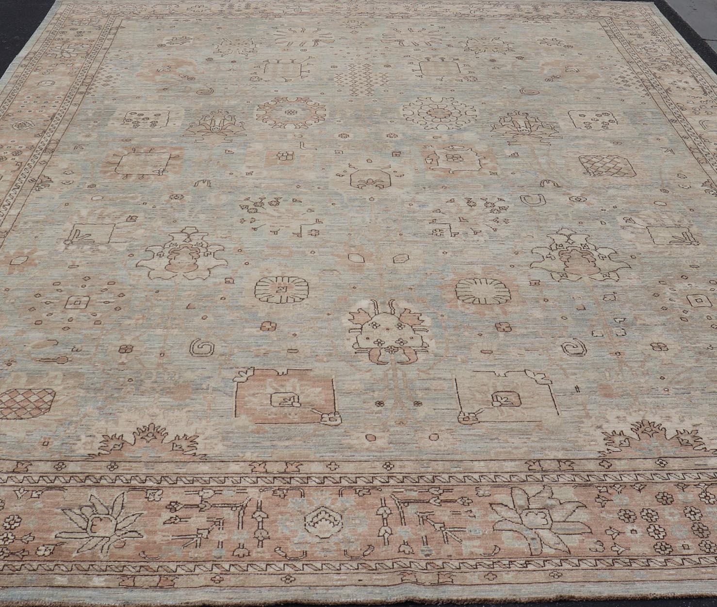 Moderner Oushak-Teppich mit weichem blau-grünen Feld und warmem Taupe 11'11 x 15'1 im Angebot 10