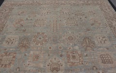 Modern Oushak Rug with Soft Blue-Green Field and Warm Taupe 11'11 x 15'1