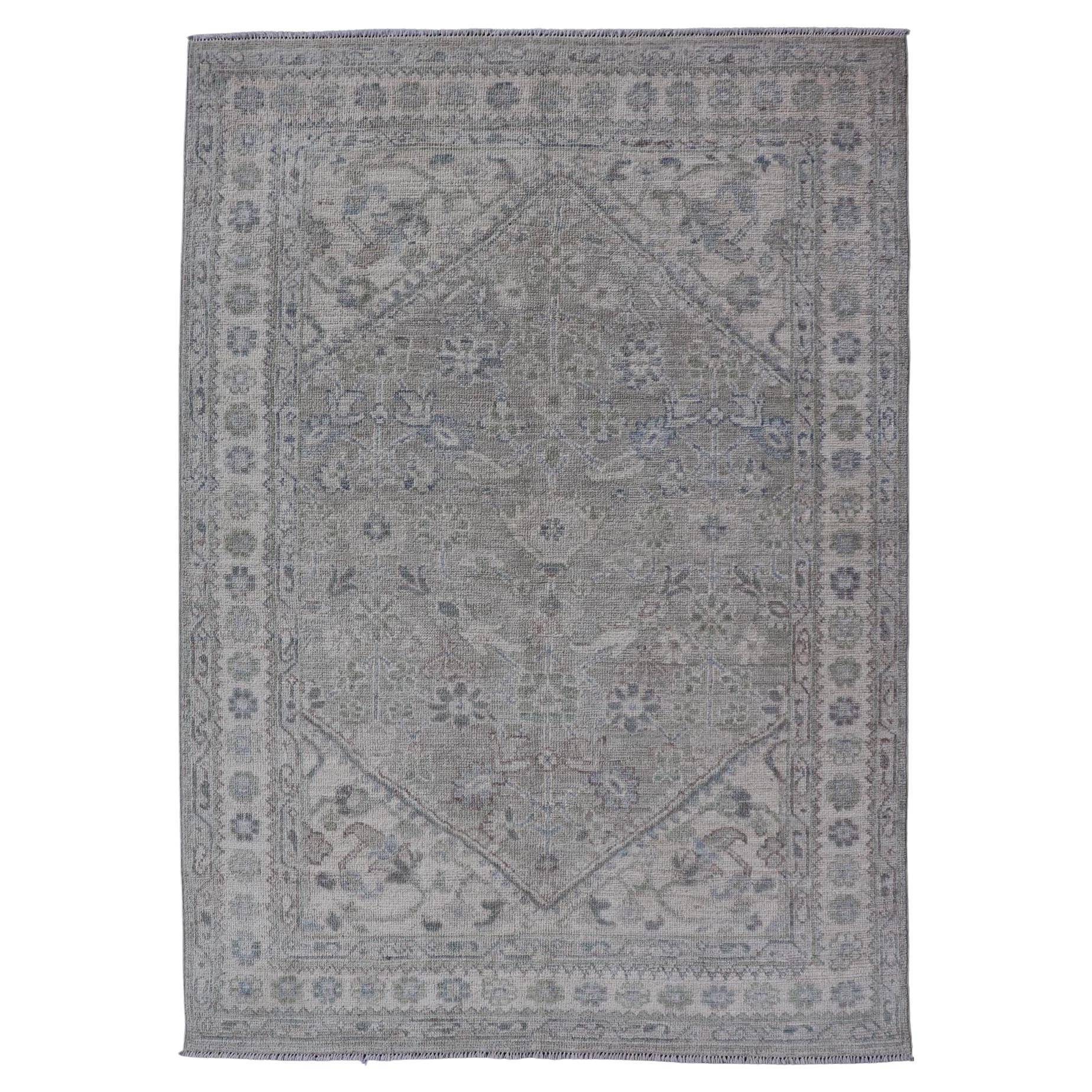 Modern Oushak Rug with Soft Muted Green and Grey Tones 3'11 x 5'9