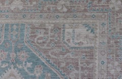 Modern Oushak Rug with Soft Teal Base and Accents of Tan and Ivory 5'2 x 8'0
