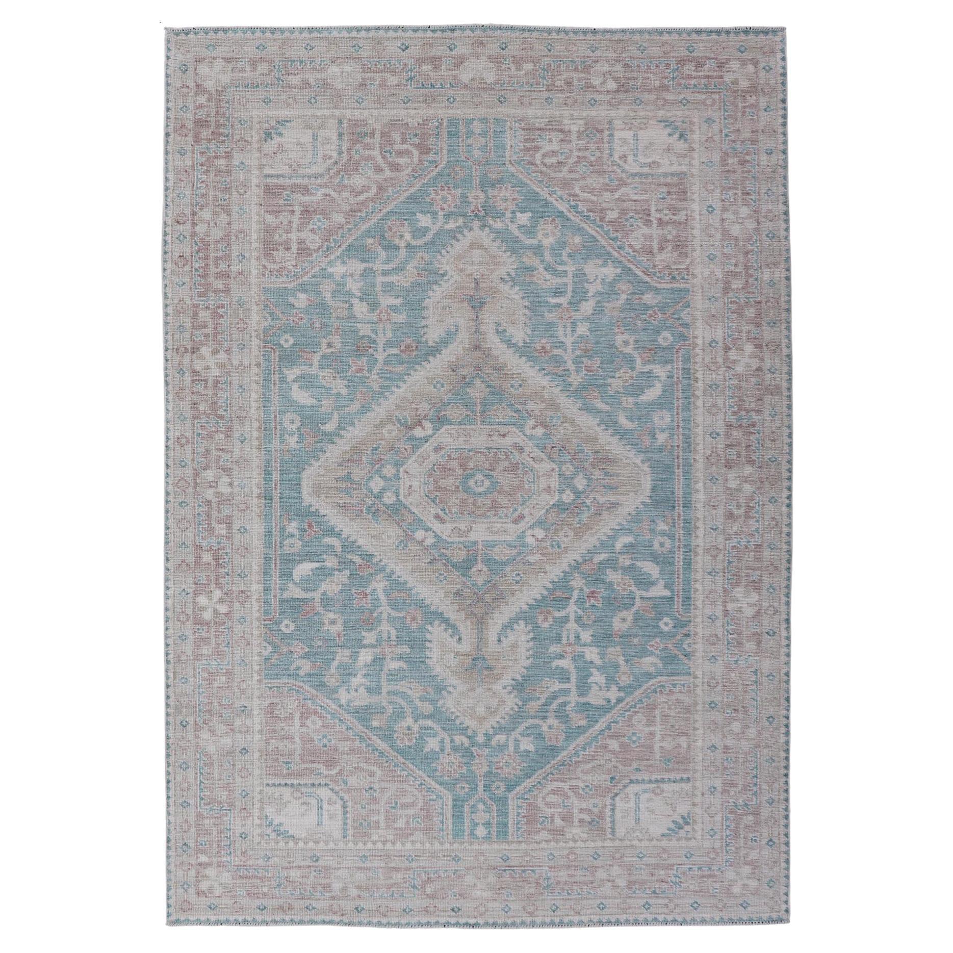 Alfombra Moderna Oushak con Base Suave Teal y Acentos de Tan y Marfil 5'2 x 8'0