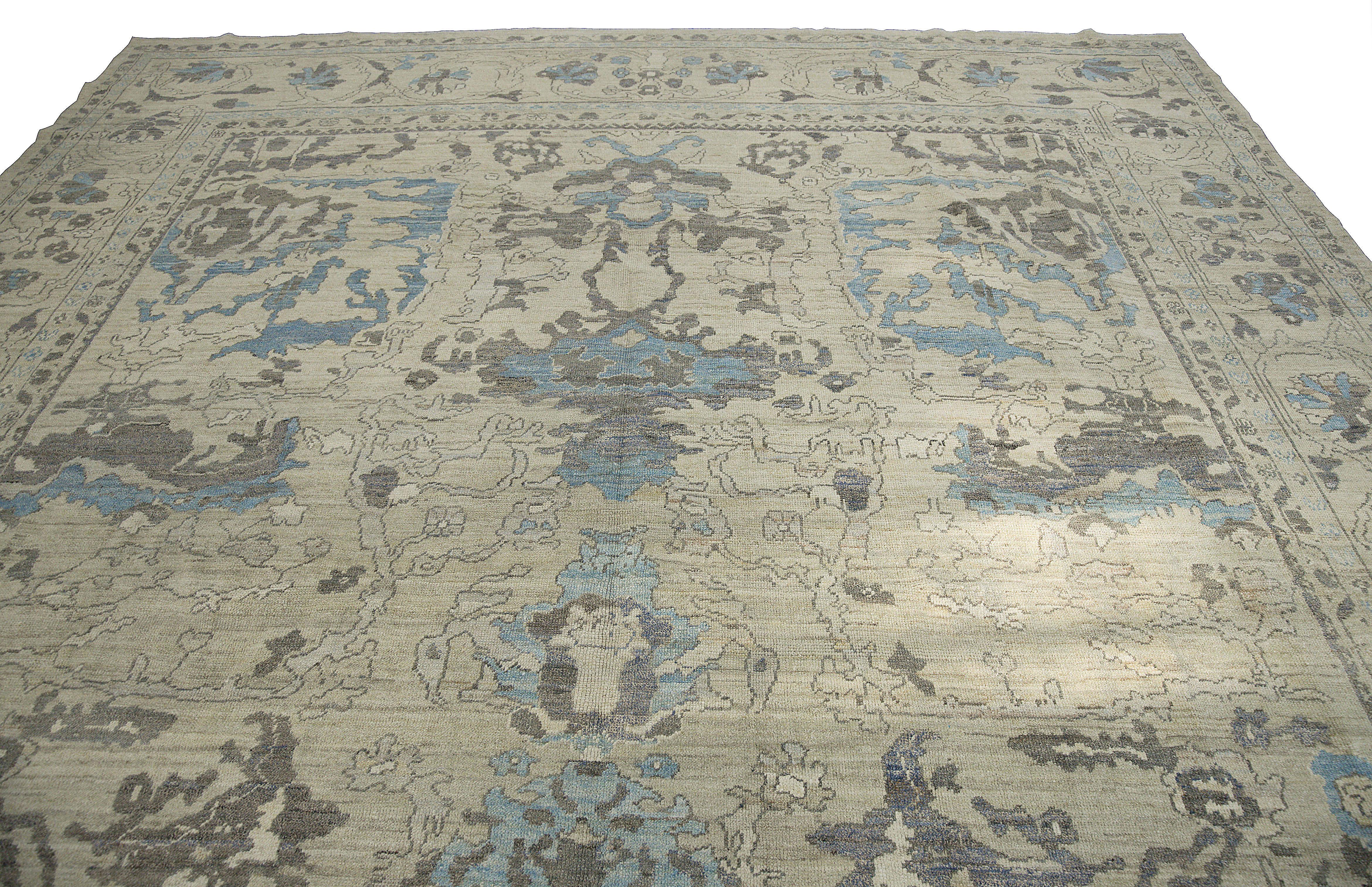 Turkish Modern Oushak Rug with Square Shape Designed with Gray and Blue Flower Details For Sale