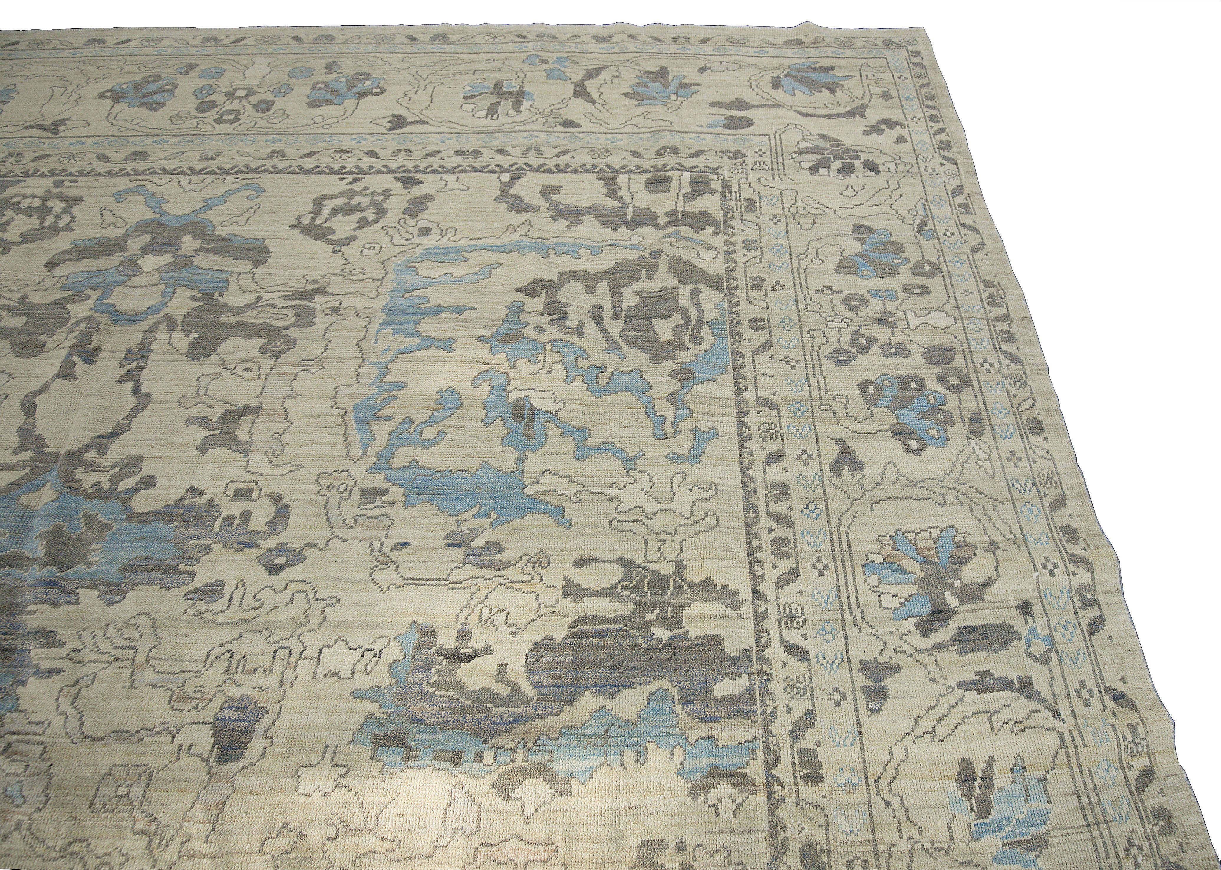 Hand-Woven Modern Oushak Rug with Square Shape Designed with Gray and Blue Flower Details For Sale