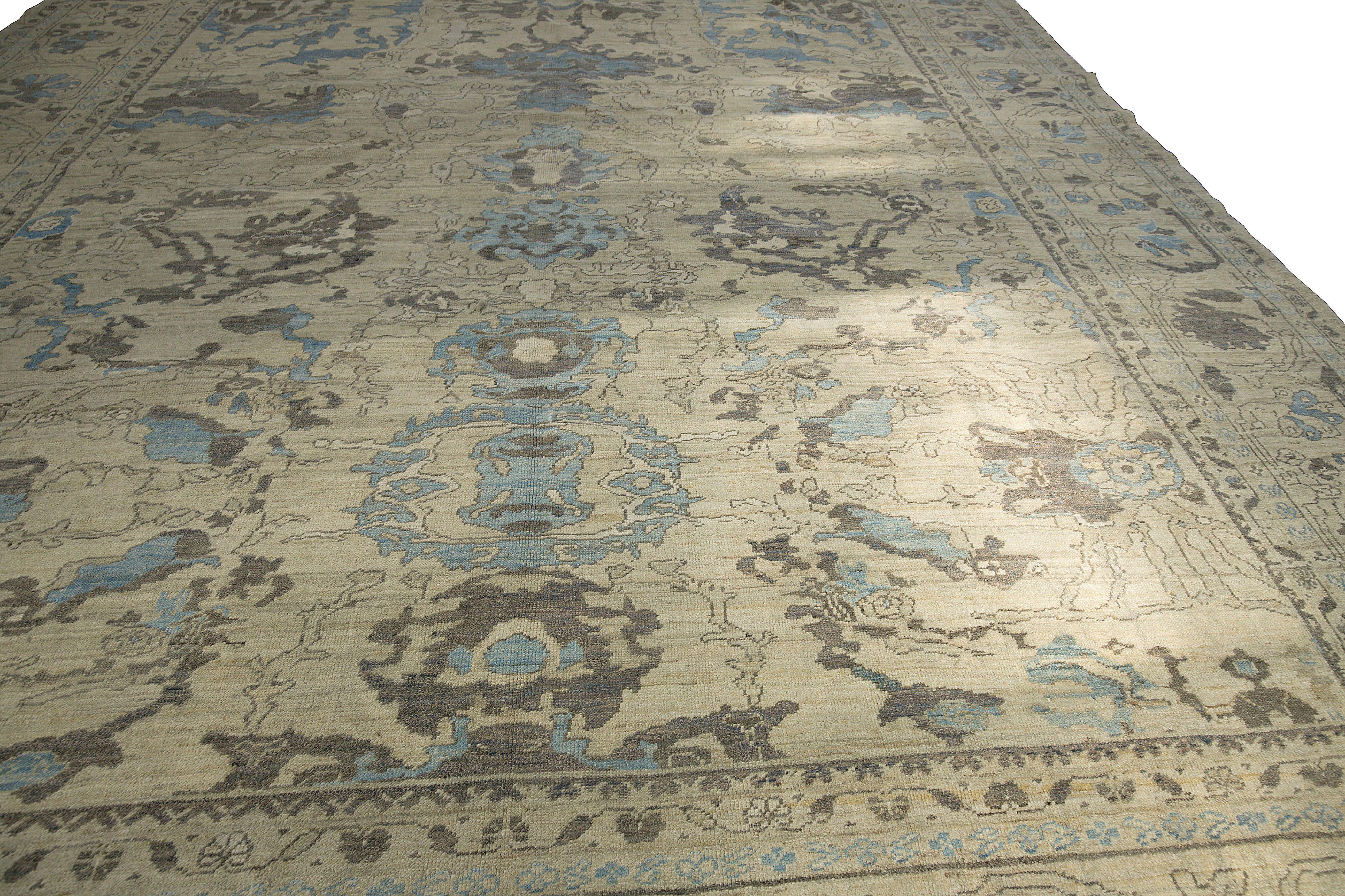 Modern Oushak Rug with Square Shape Designed with Gray and Blue Flower Details In New Condition For Sale In Dallas, TX