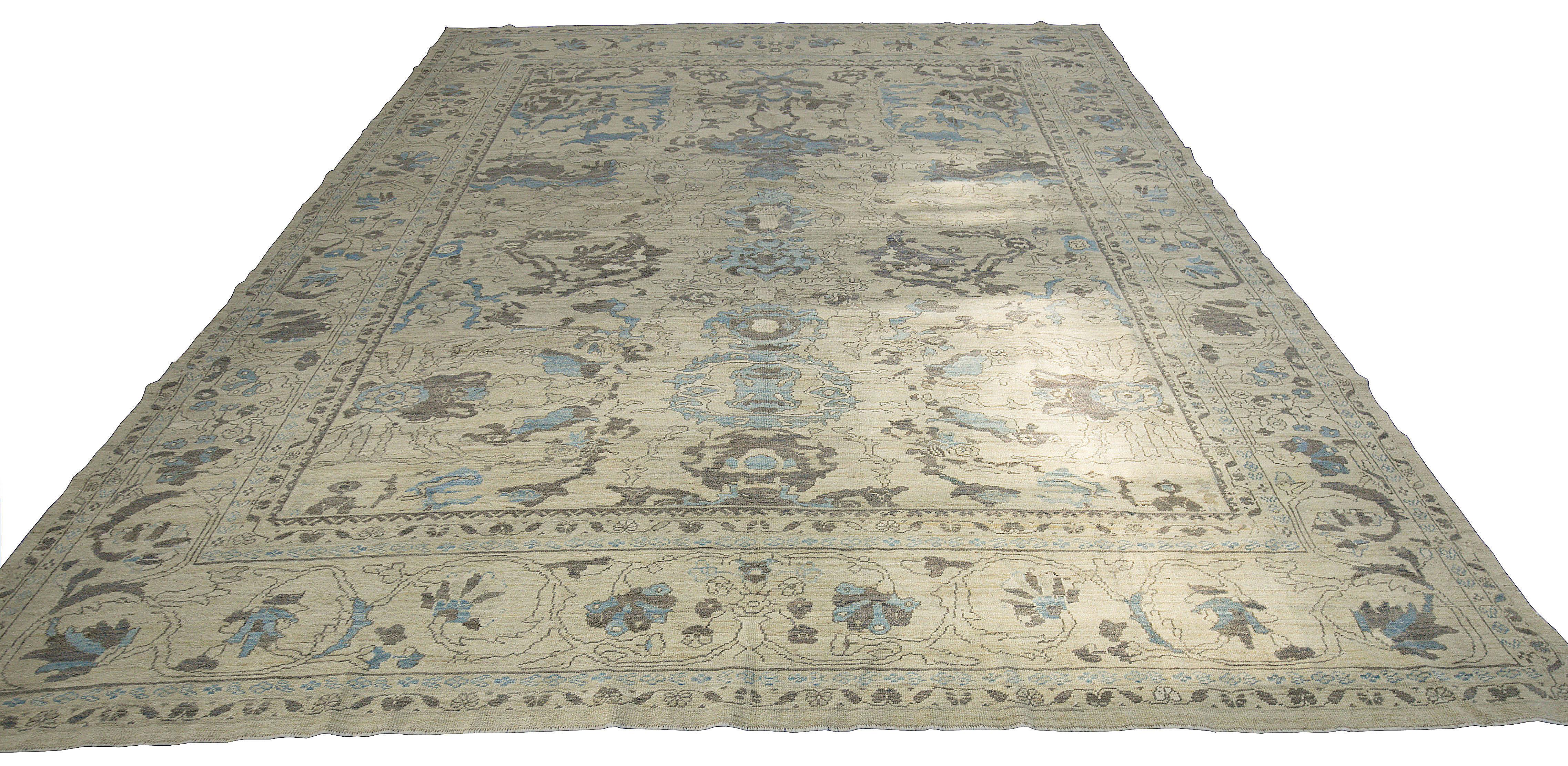 Contemporary Modern Oushak Rug with Square Shape Designed with Gray and Blue Flower Details For Sale