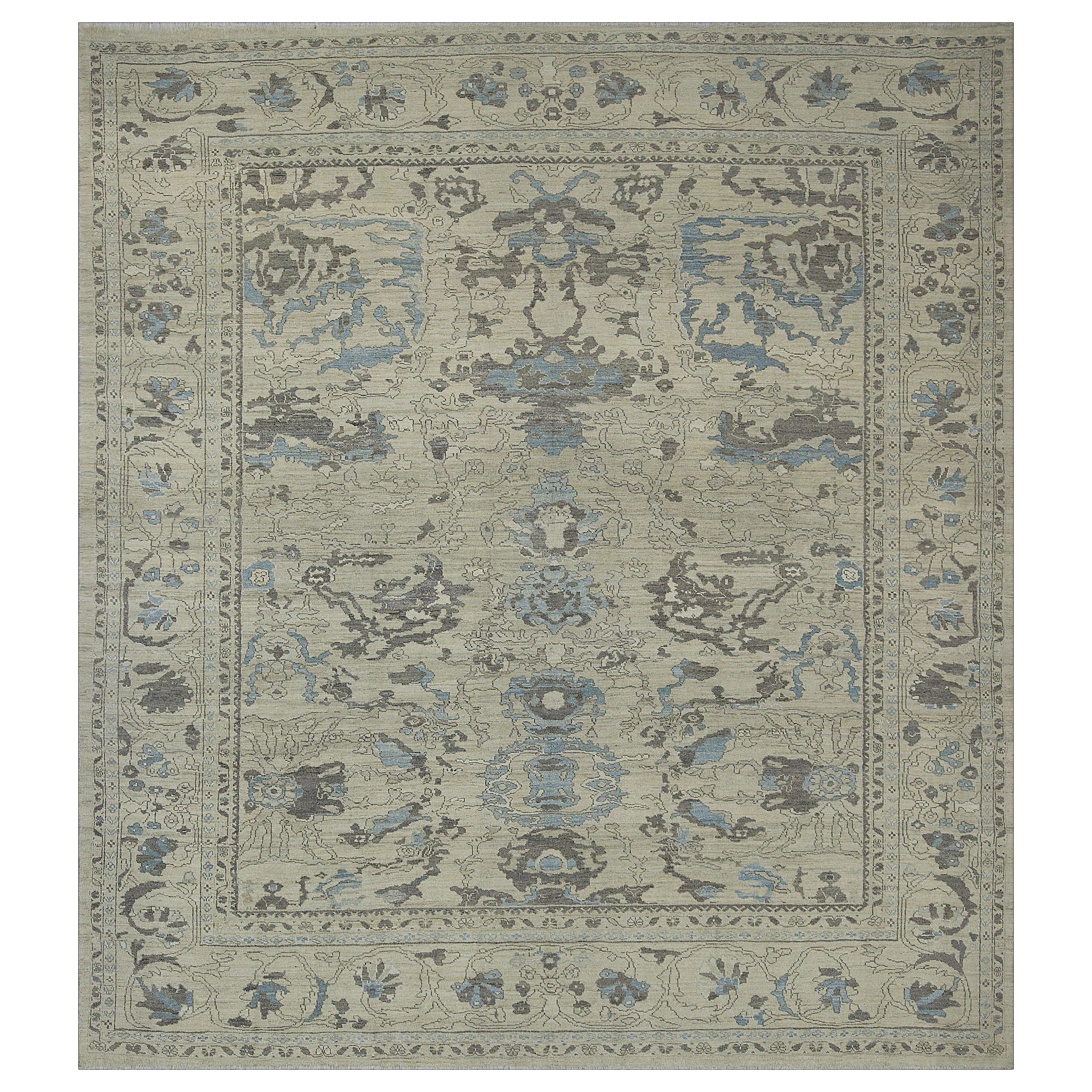 Modern Oushak Rug with Square Shape Designed with Gray and Blue Flower Details For Sale