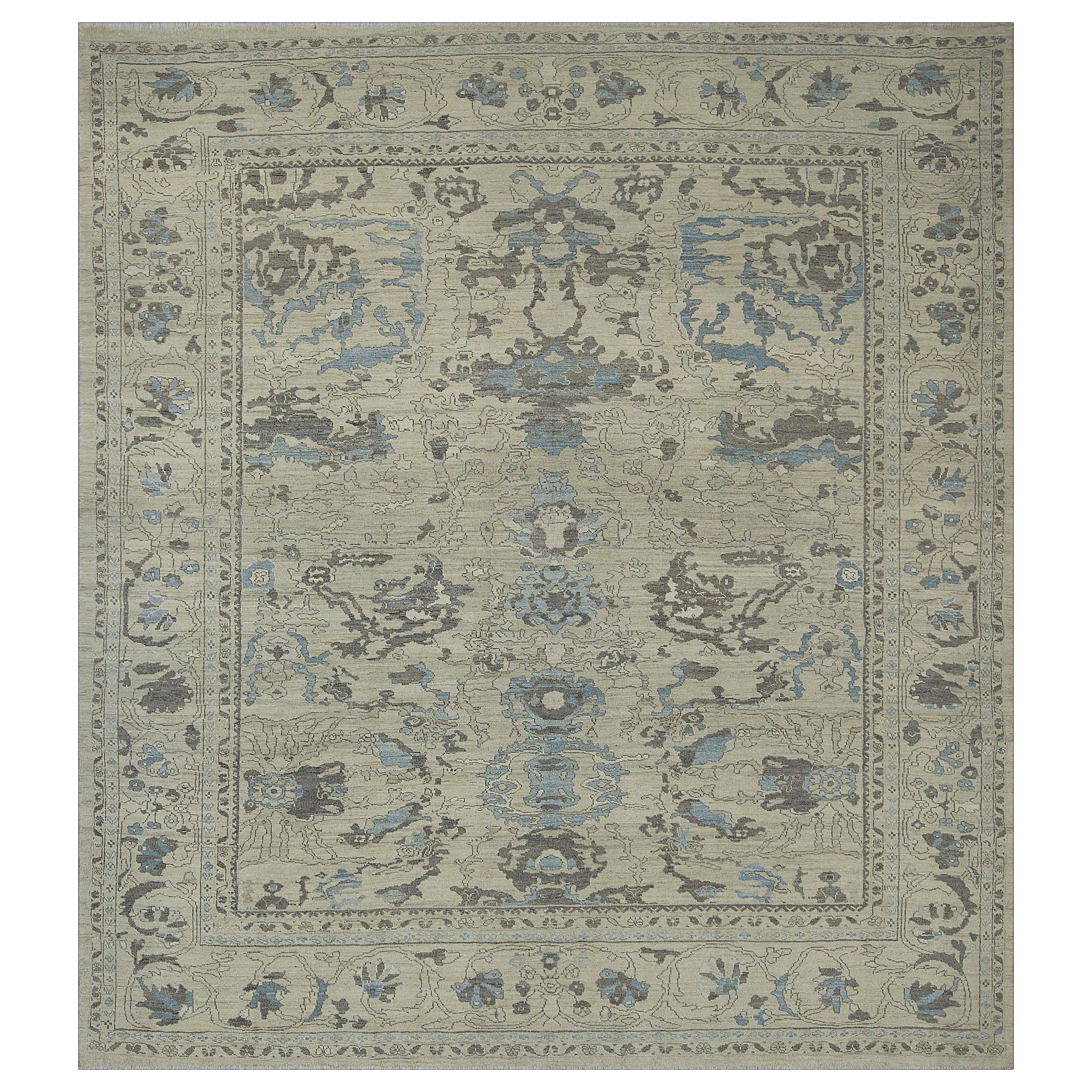 Modern Oushak Rug with Square Shape Designed with Gray and Blue Flower Details