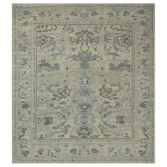 Modern Oushak Rug with Square Shape Designed with Gray and Blue Flower Details