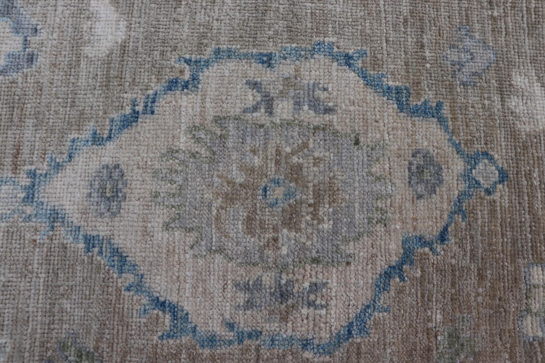 Afghan Modern Oushak Rug with Taupe Accents of Sky Blue and Sage Green 2'0 x 2'8 For Sale